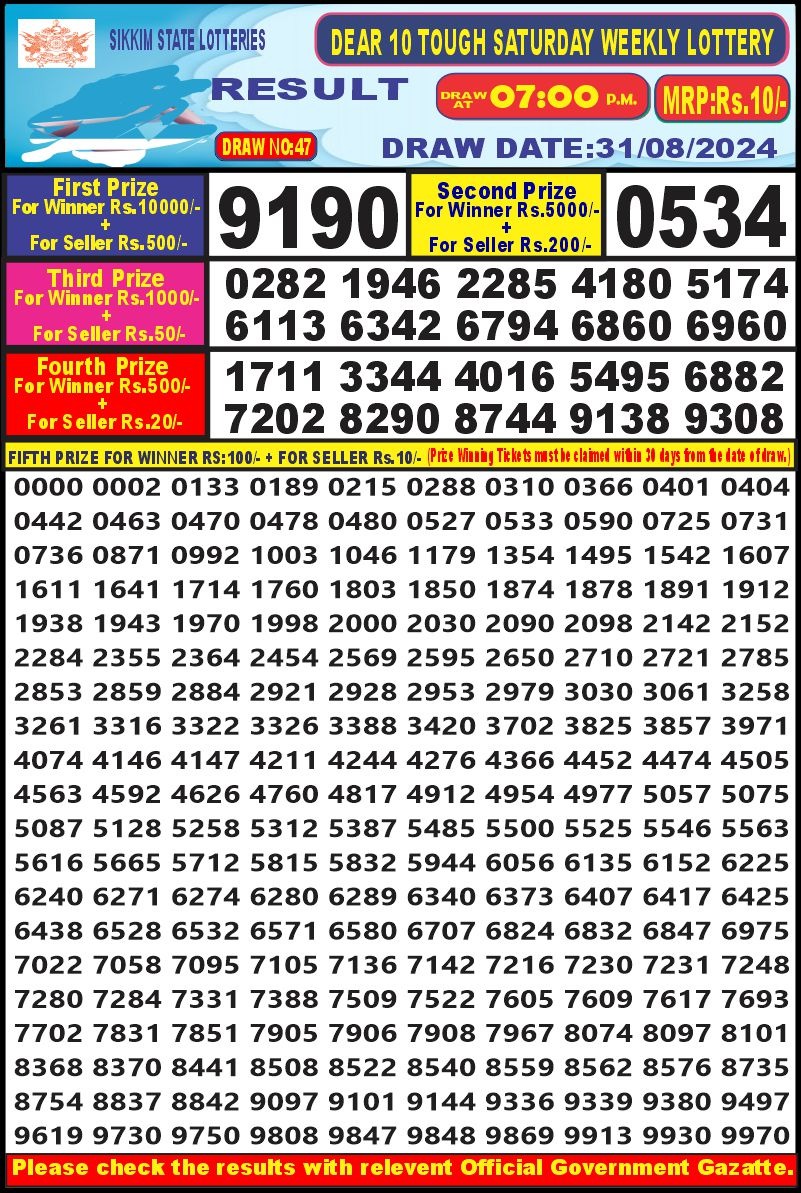 Dear10 Lottery Result 7PM 31.08.24