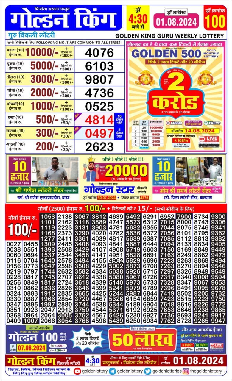 Golden king lottery 4.30pm 1-8-24