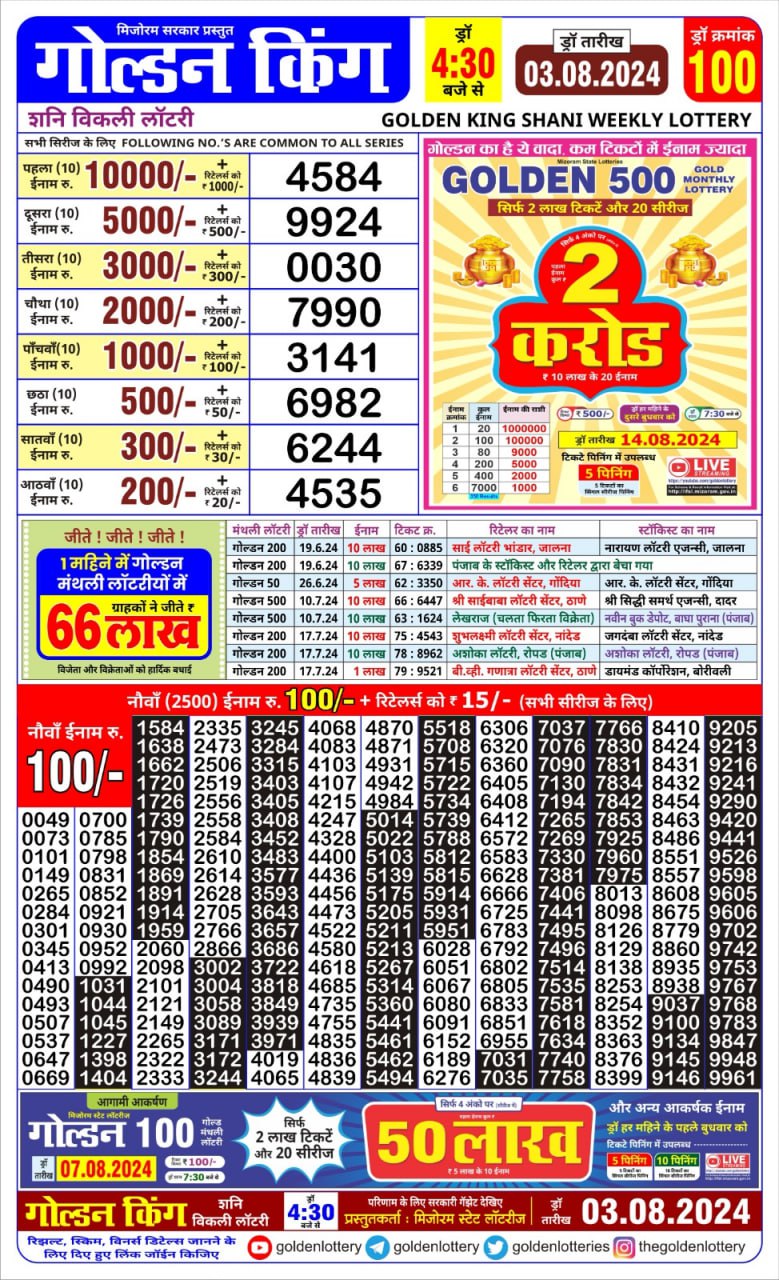 Golden king lottery 4.30pm 3-8-24