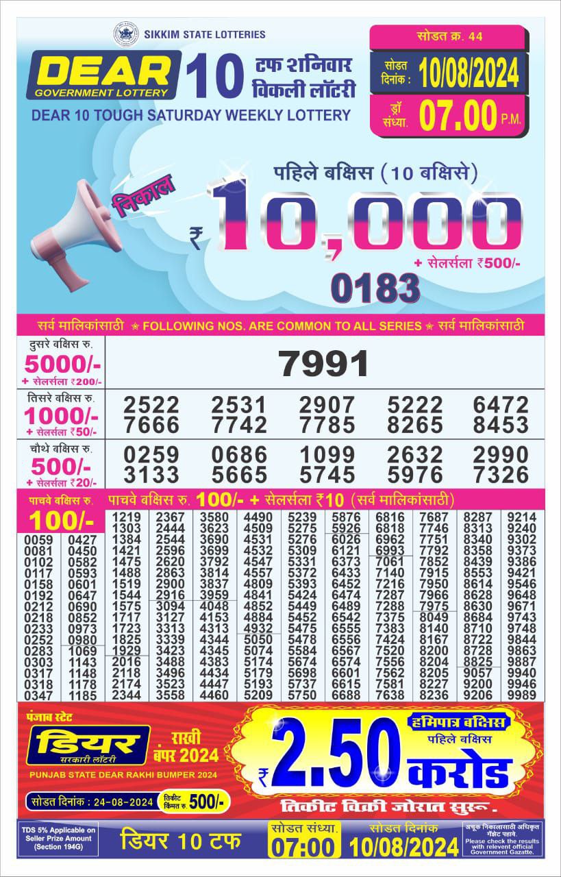 Dear10 Lottery Result 7PM 10.08.24