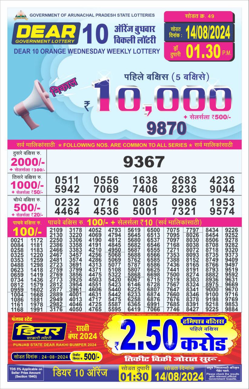 Dear 10  lottery 1:30pm result 14.8.24