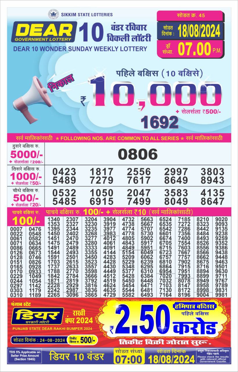 Dear10 Lottery Result 7PM 18.08.24