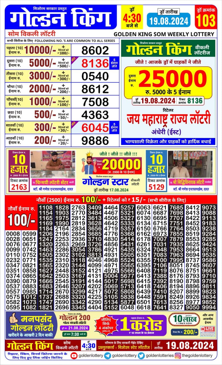 Golden king lottery 4.30pm 19-8-24