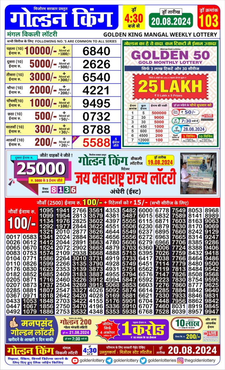 Golden king lottery 4.30pm 20-8-24