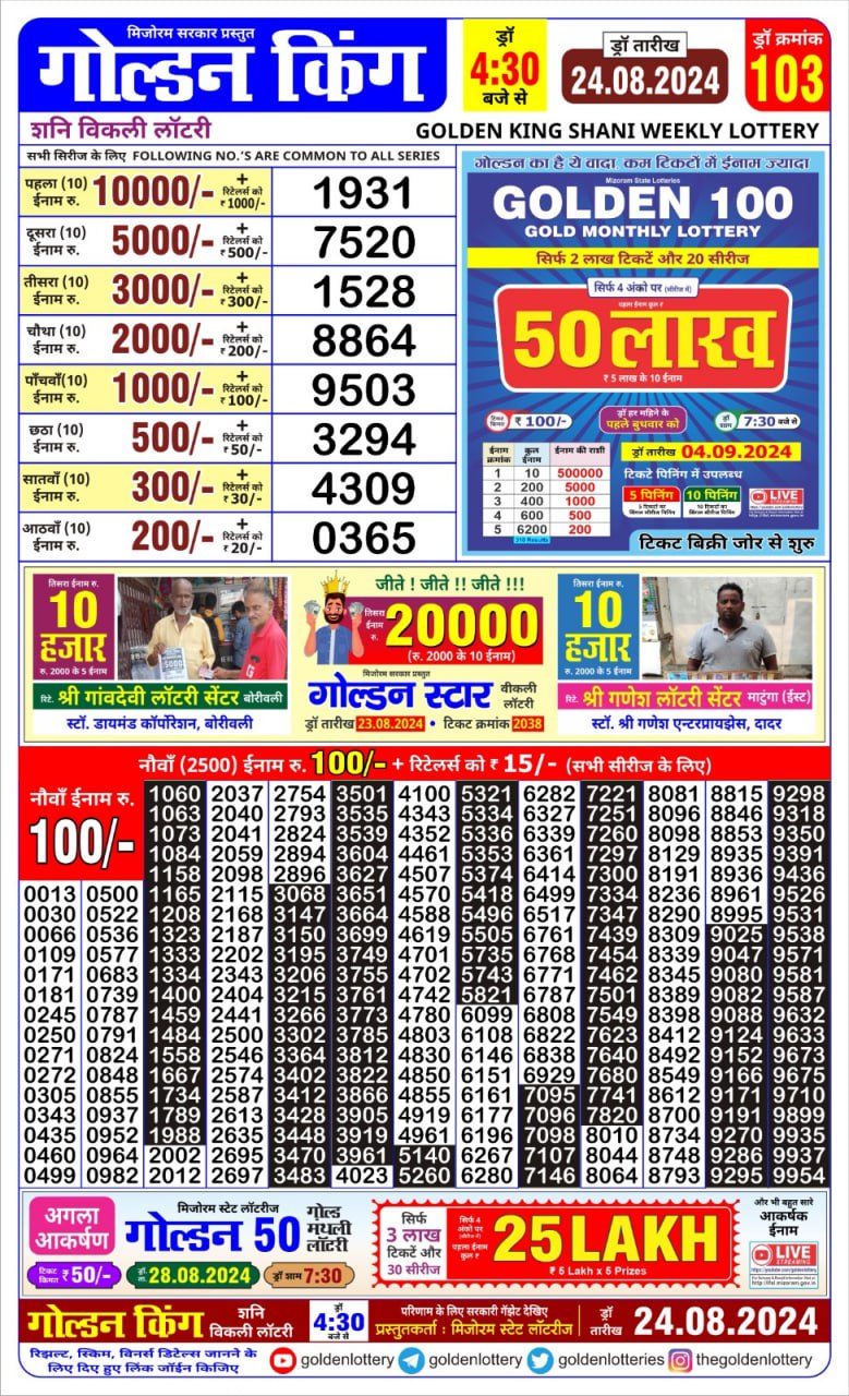 Golden king lottery 4.30pm 24-8-24