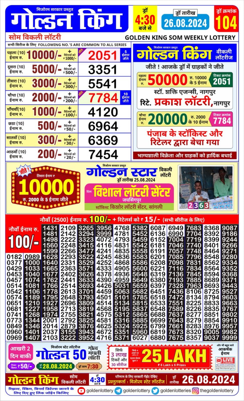 Golden king lottery 4.30pm 26-8-24