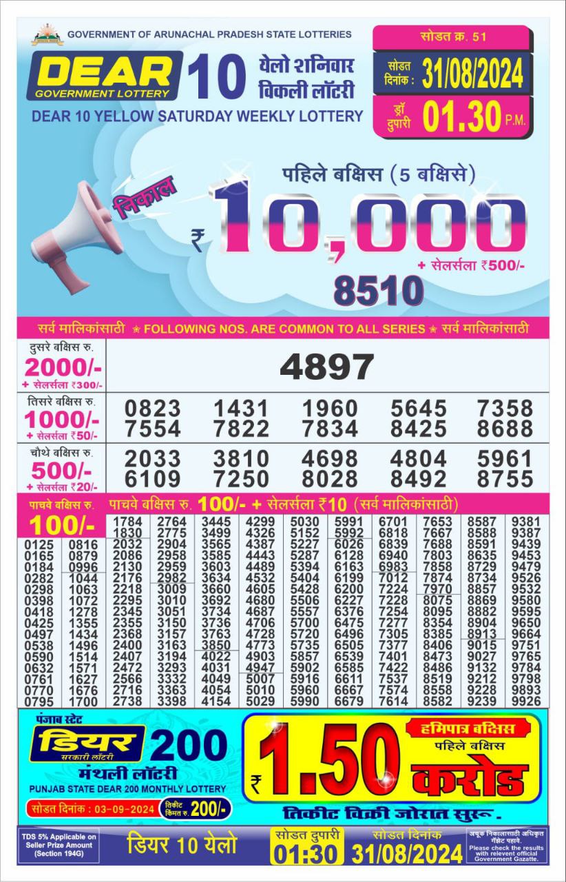 Dear 10  lottery 1:30pm result 31.8.24