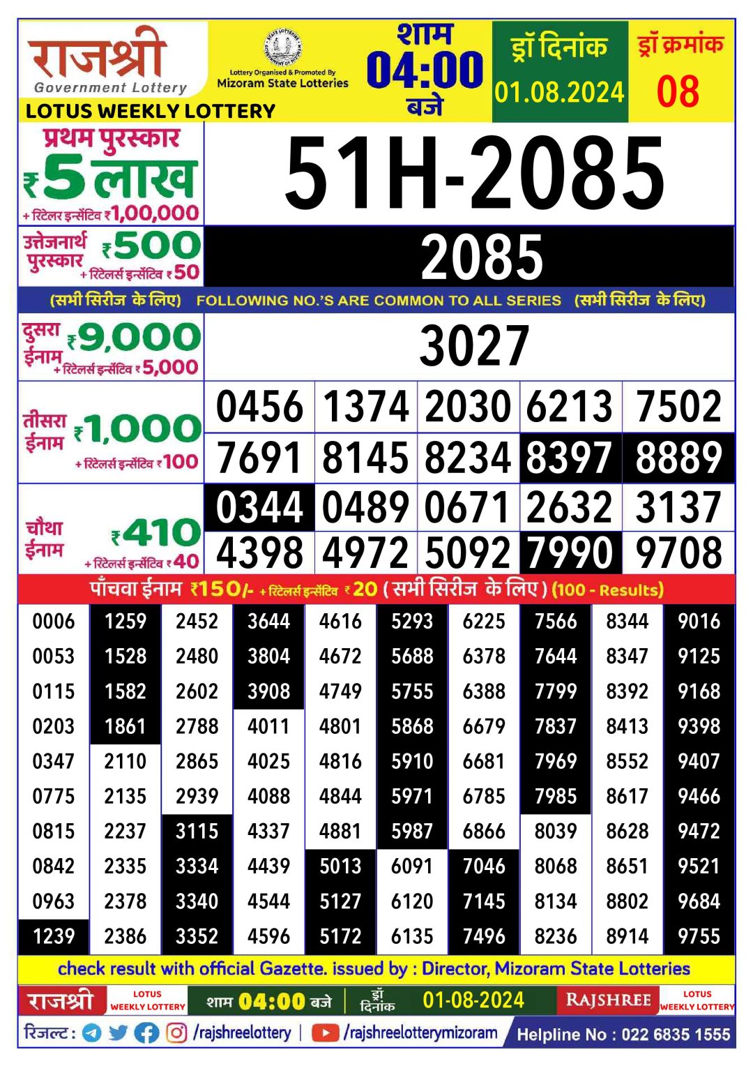 Rajshree  Daily Lottery 4PM Result 1 aug 24