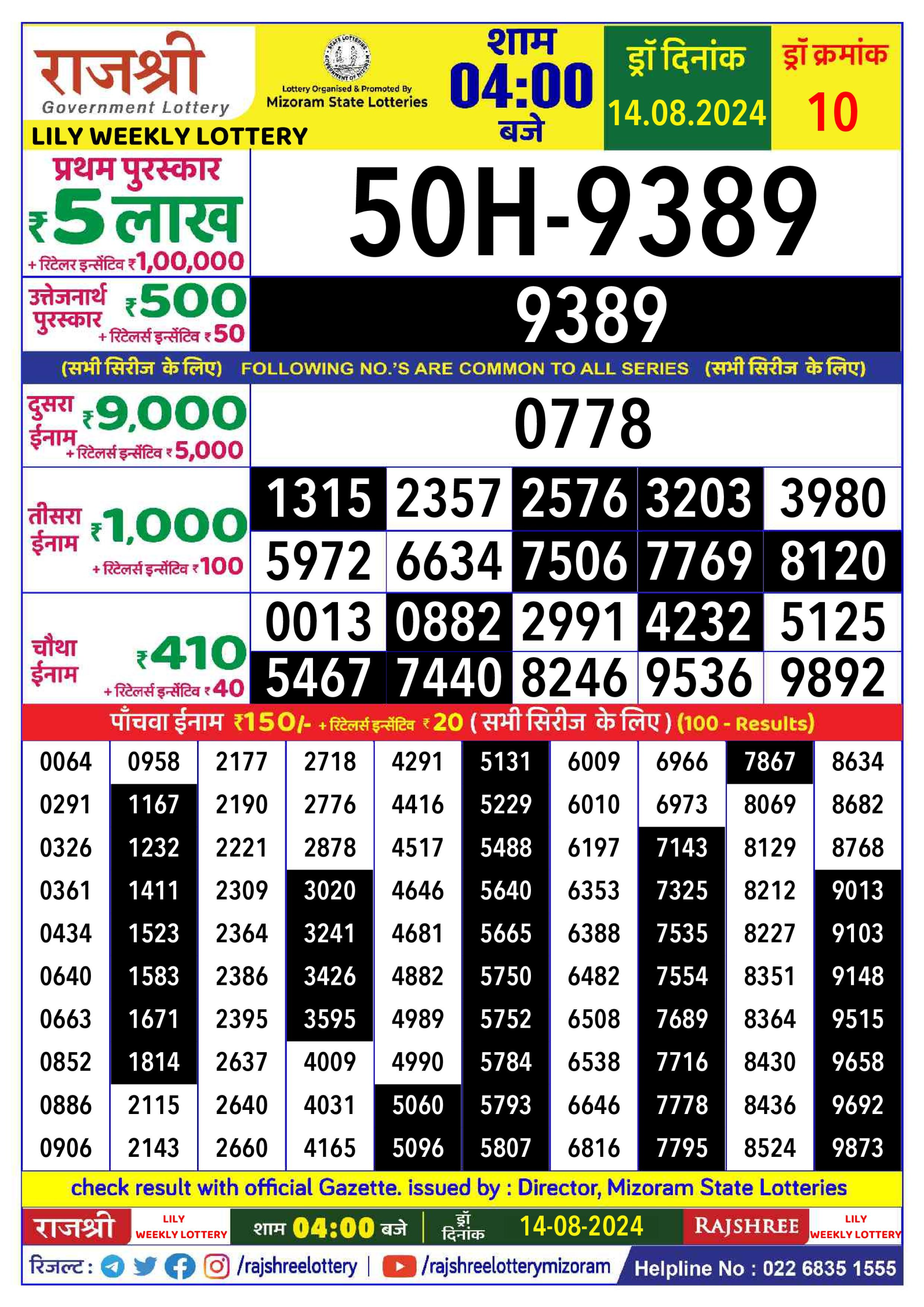 Rajshree  Daily Lottery 4PM Result 14 aug 24