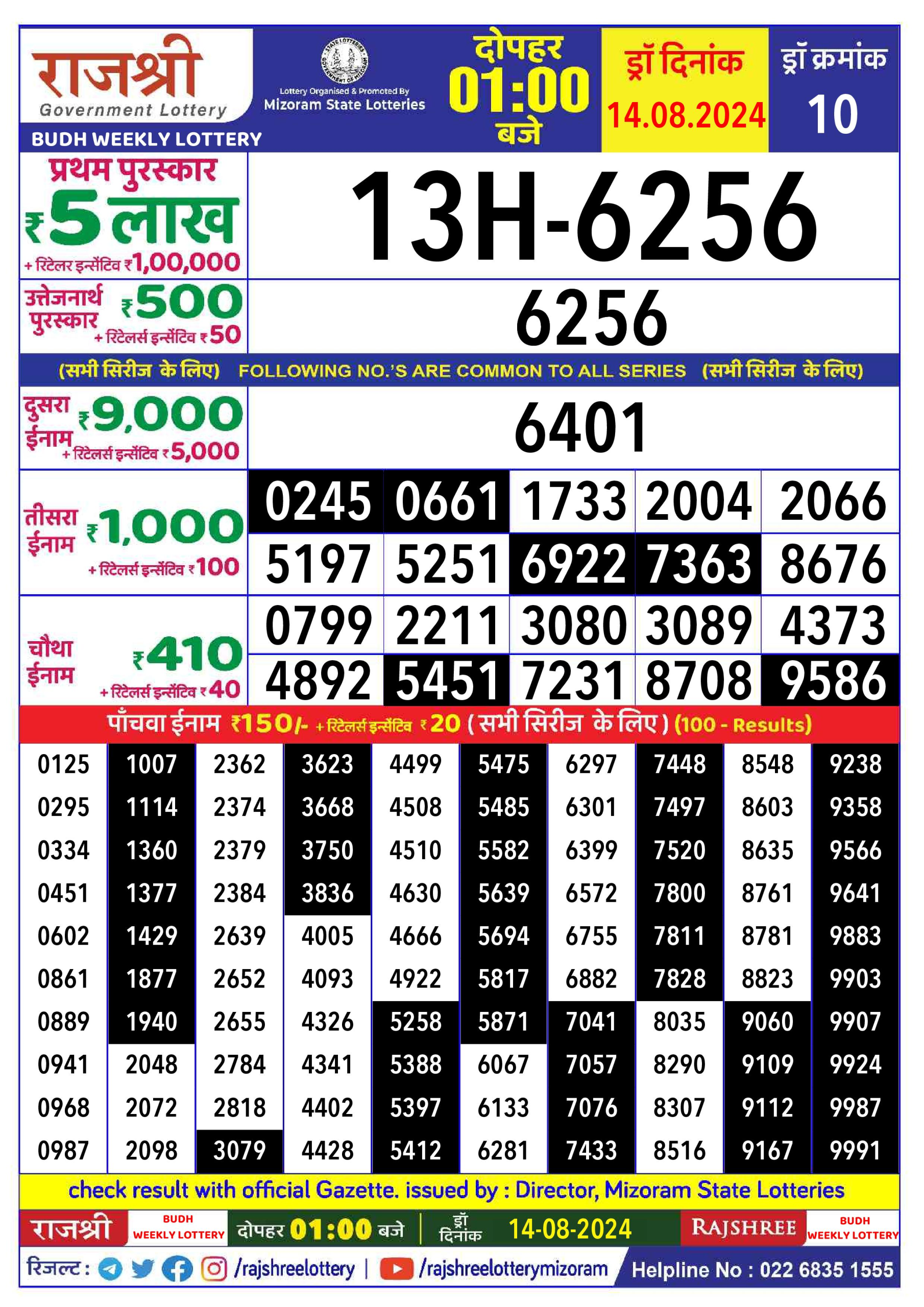 Rajshree  Daily Lottery 1PM Result 14 Aug 24