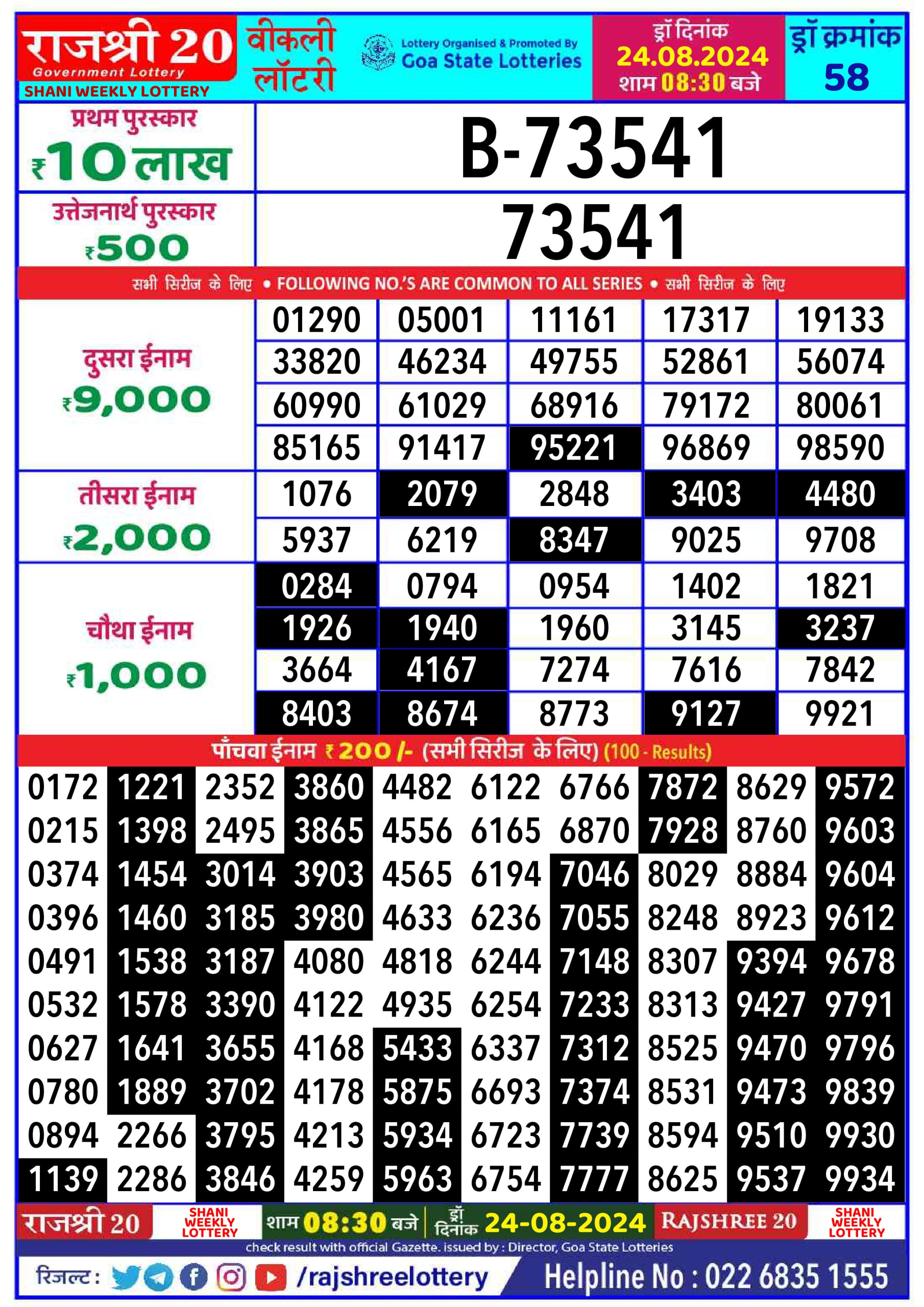 Rajshree 20 Lottery Result 8:30PM 24.08.24