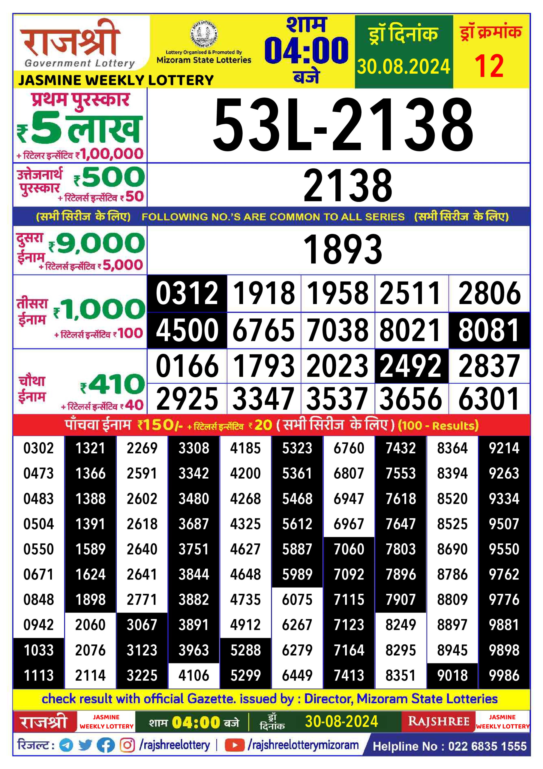 Rajshree  Daily Lottery 4PM Result 30 aug 24