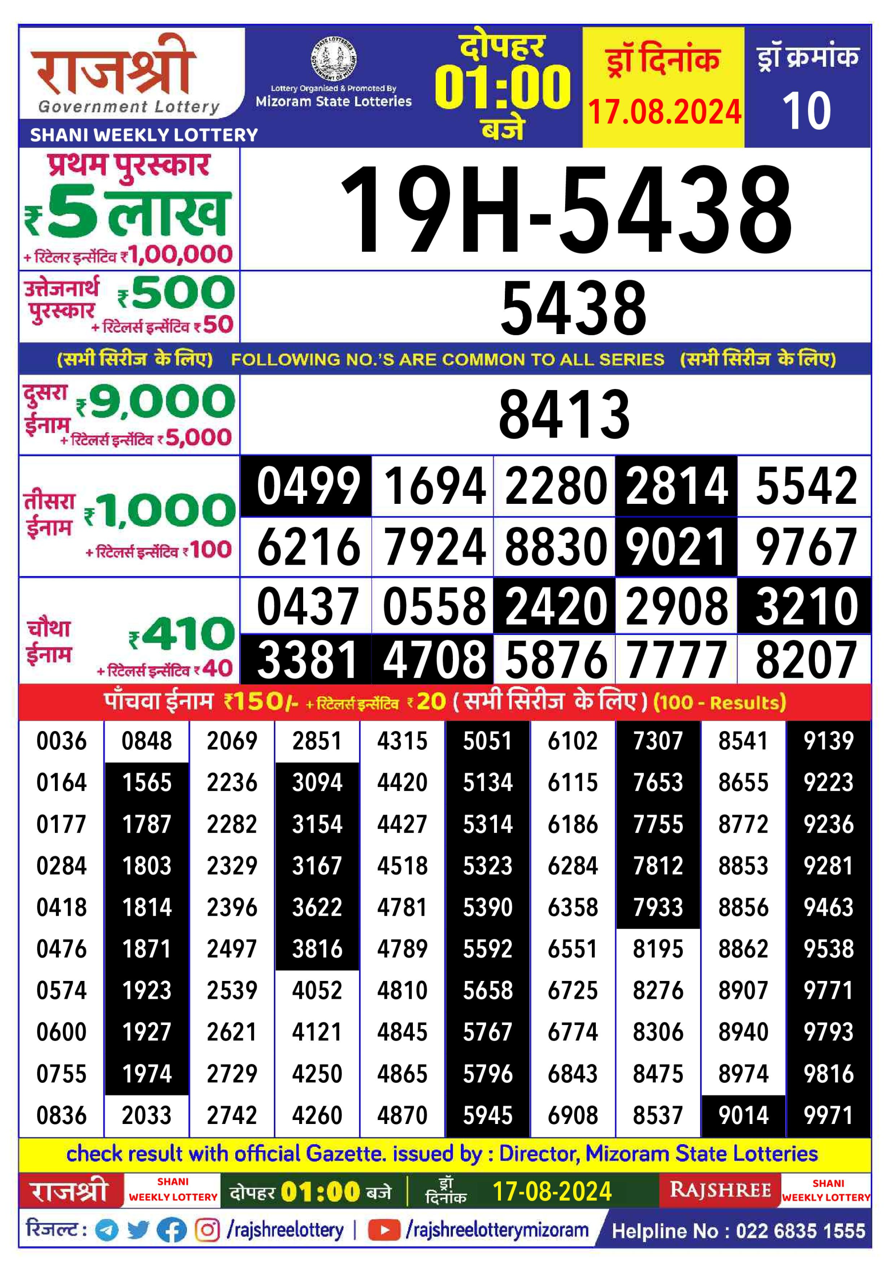 Rajshree  Daily Lottery 1PM Result 17 Aug 24