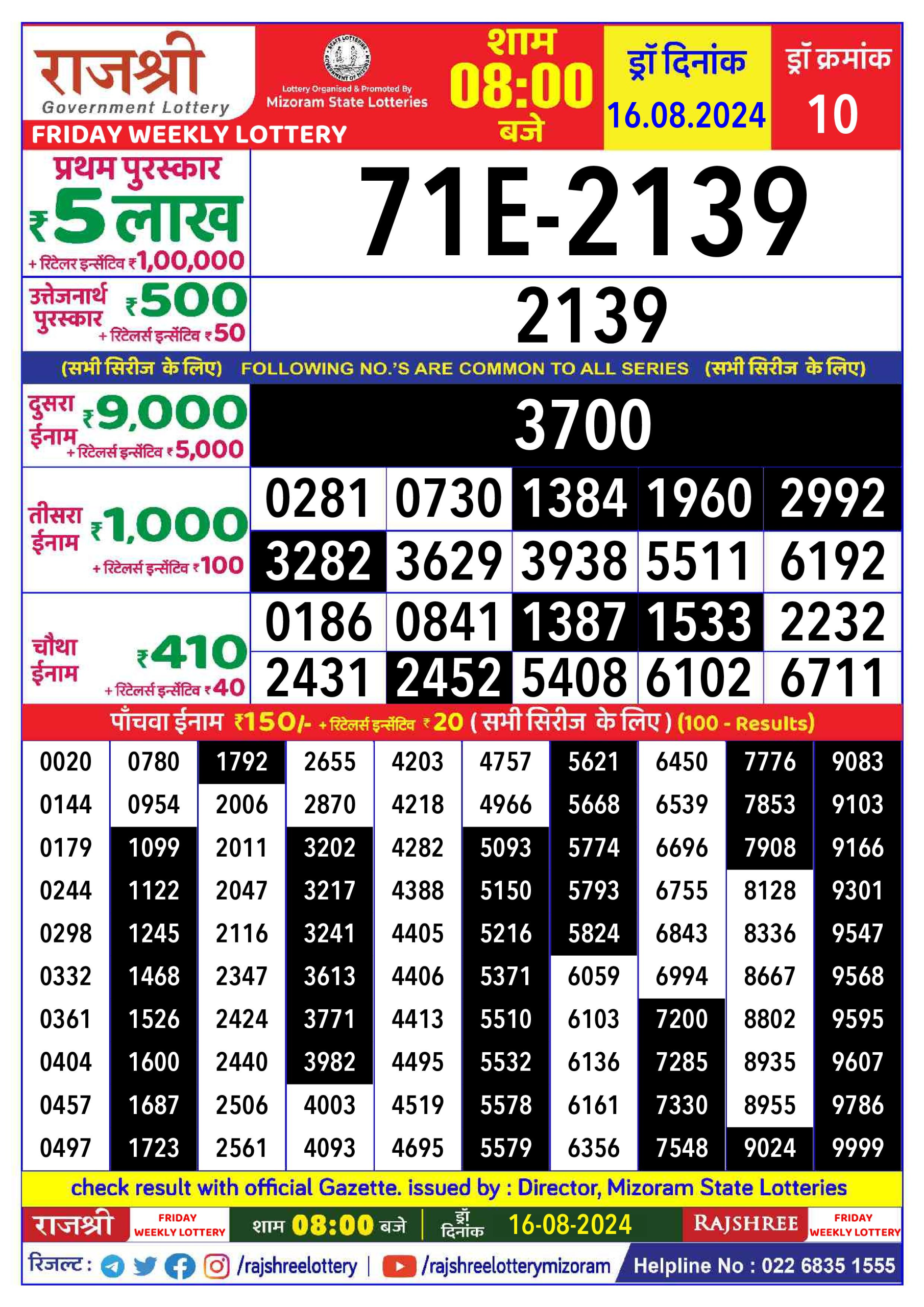 Rajshree  Daily Lottery 8PM Result 16 aug 24