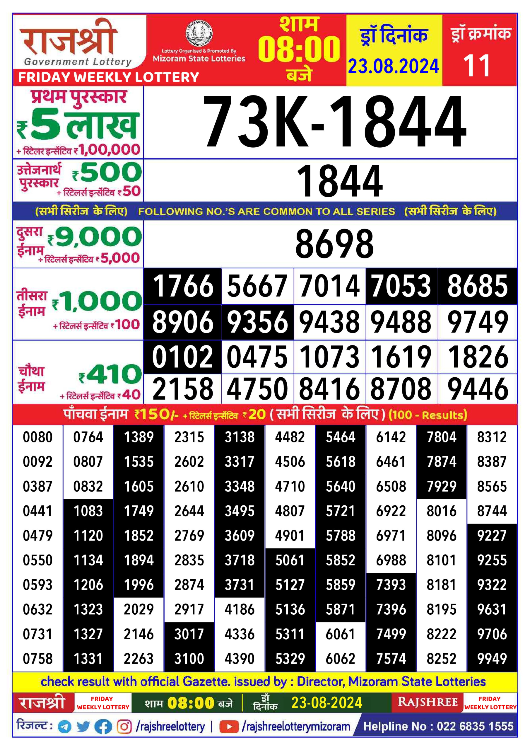 Rajshree  Daily Lottery 8PM Result 23 aug 24