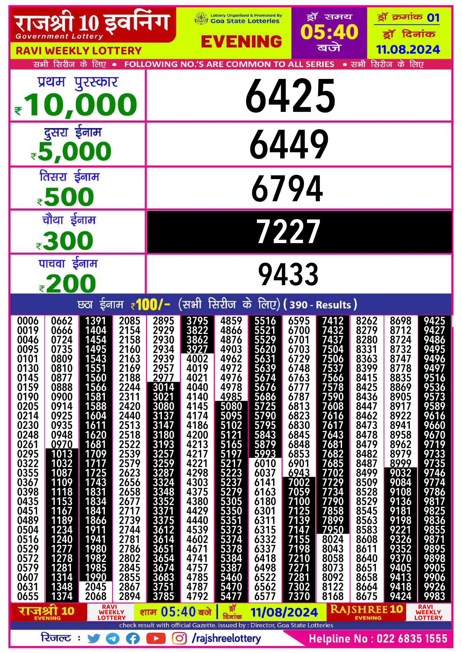 Rajshree10 Daily Lottery 5:40PM Result 11 aug 24