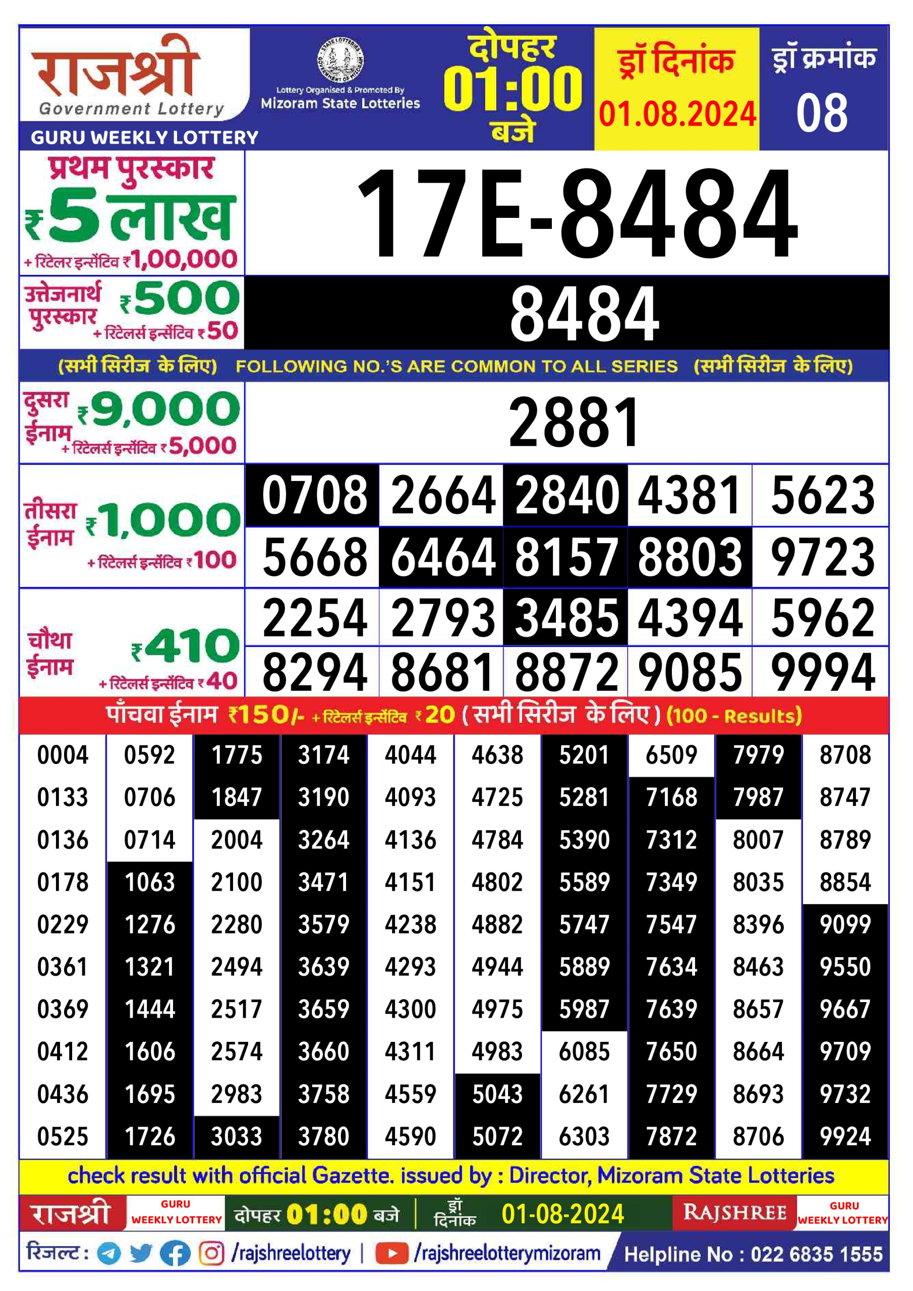 Rajshree  Daily Lottery 1PM Result 1Aug 24