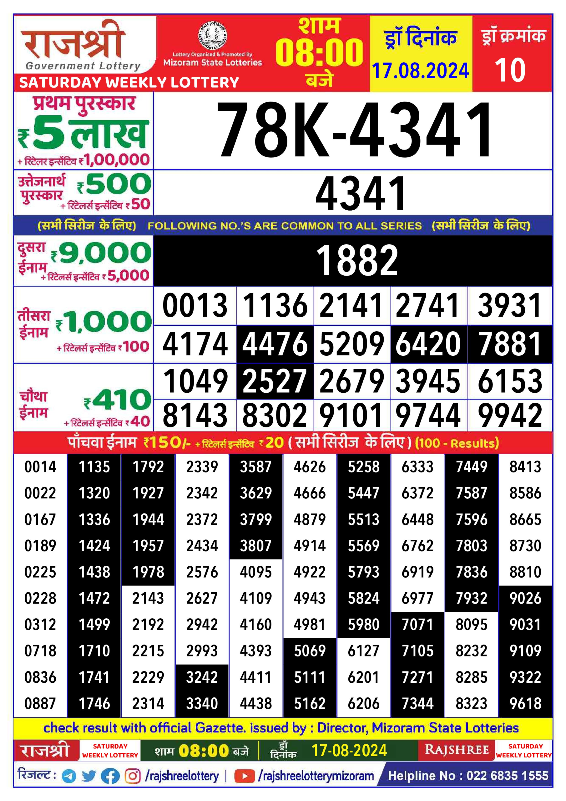 Rajshree  Daily Lottery 8PM Result 17 aug 24