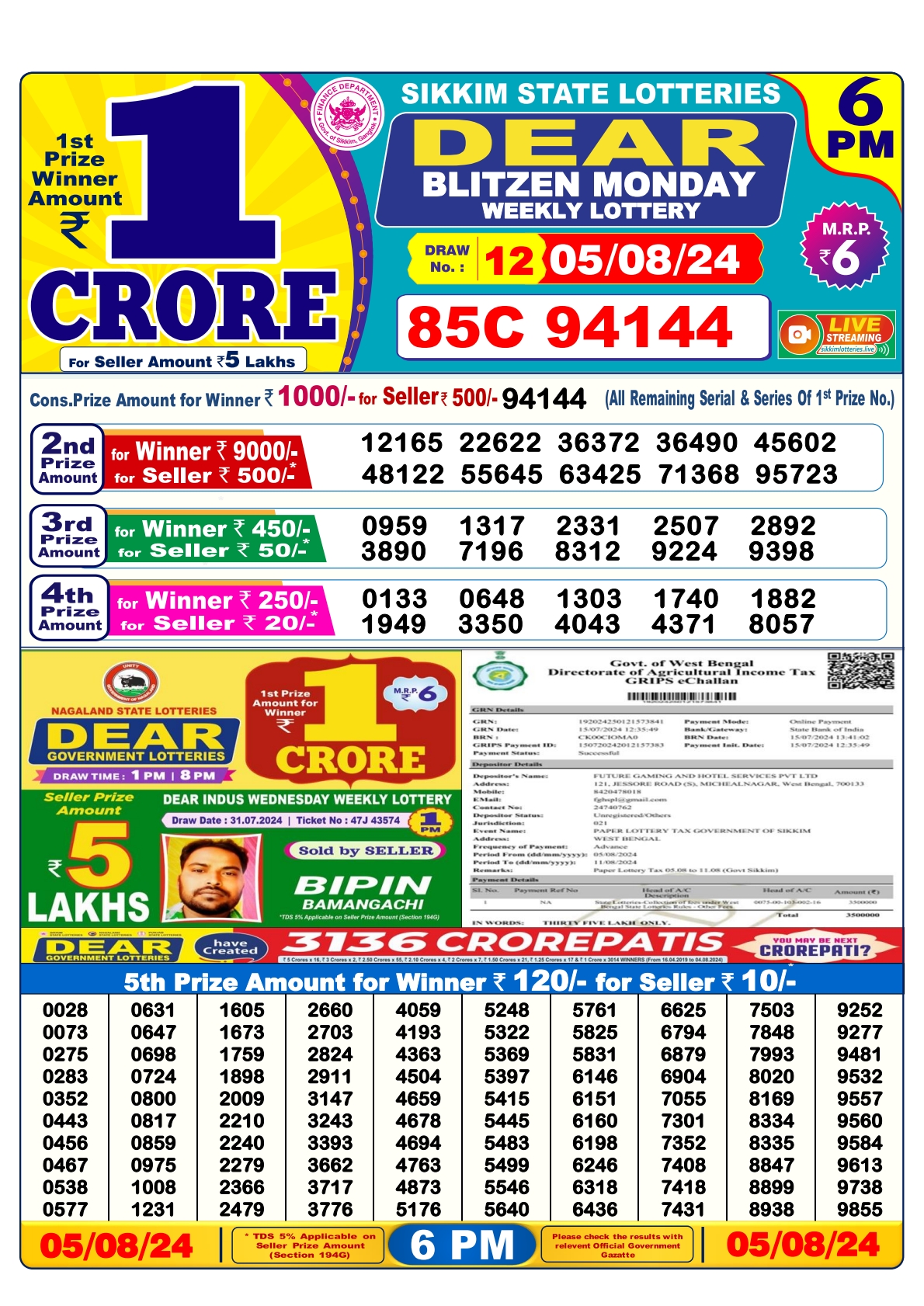 Dear lottery result 6pm result 5 Aug  24