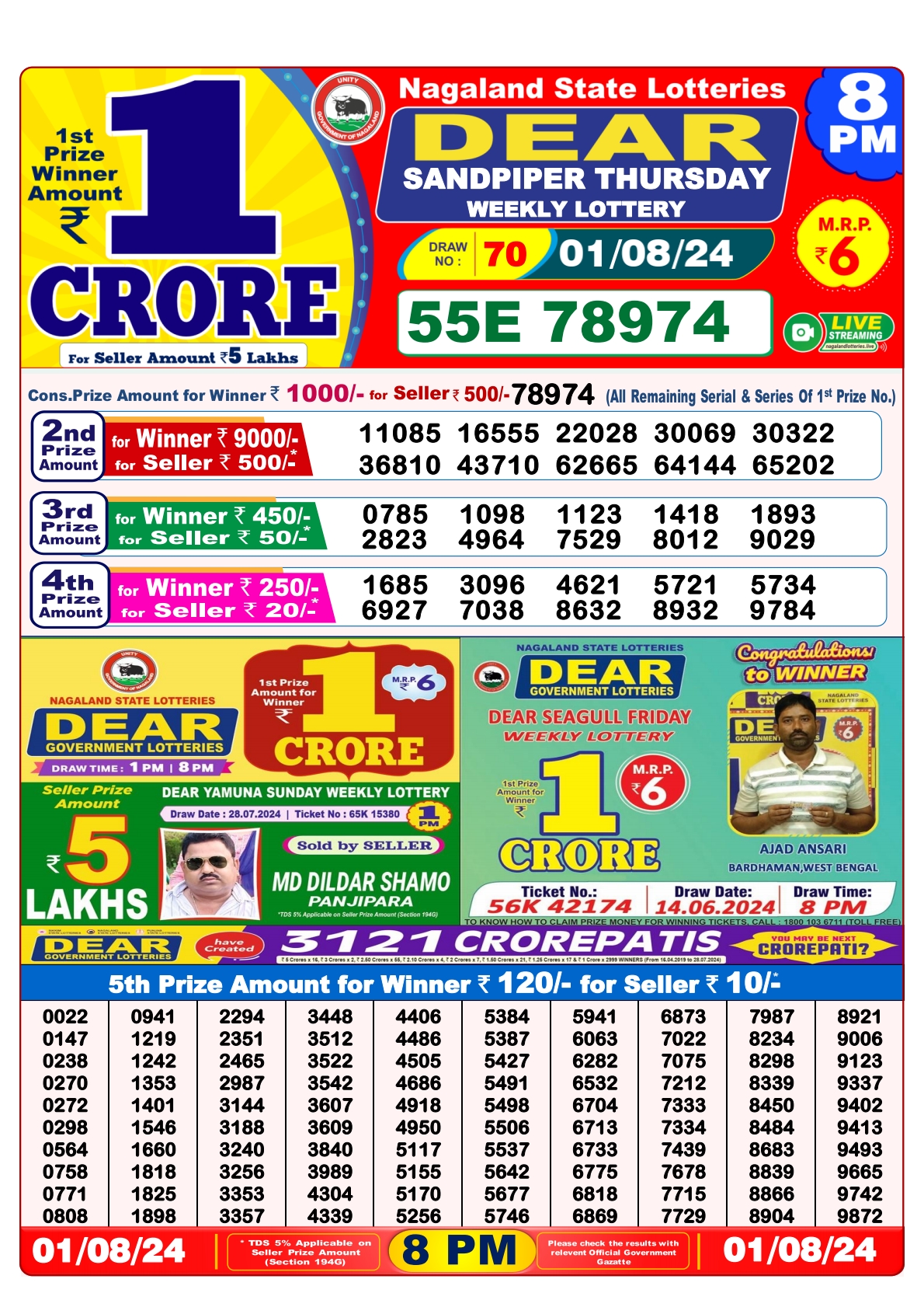 Dear  Lottery 8PM Result 1 aug 24