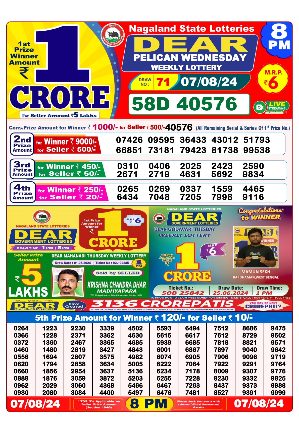 Dear  Lottery 8PM Result 7 aug 24