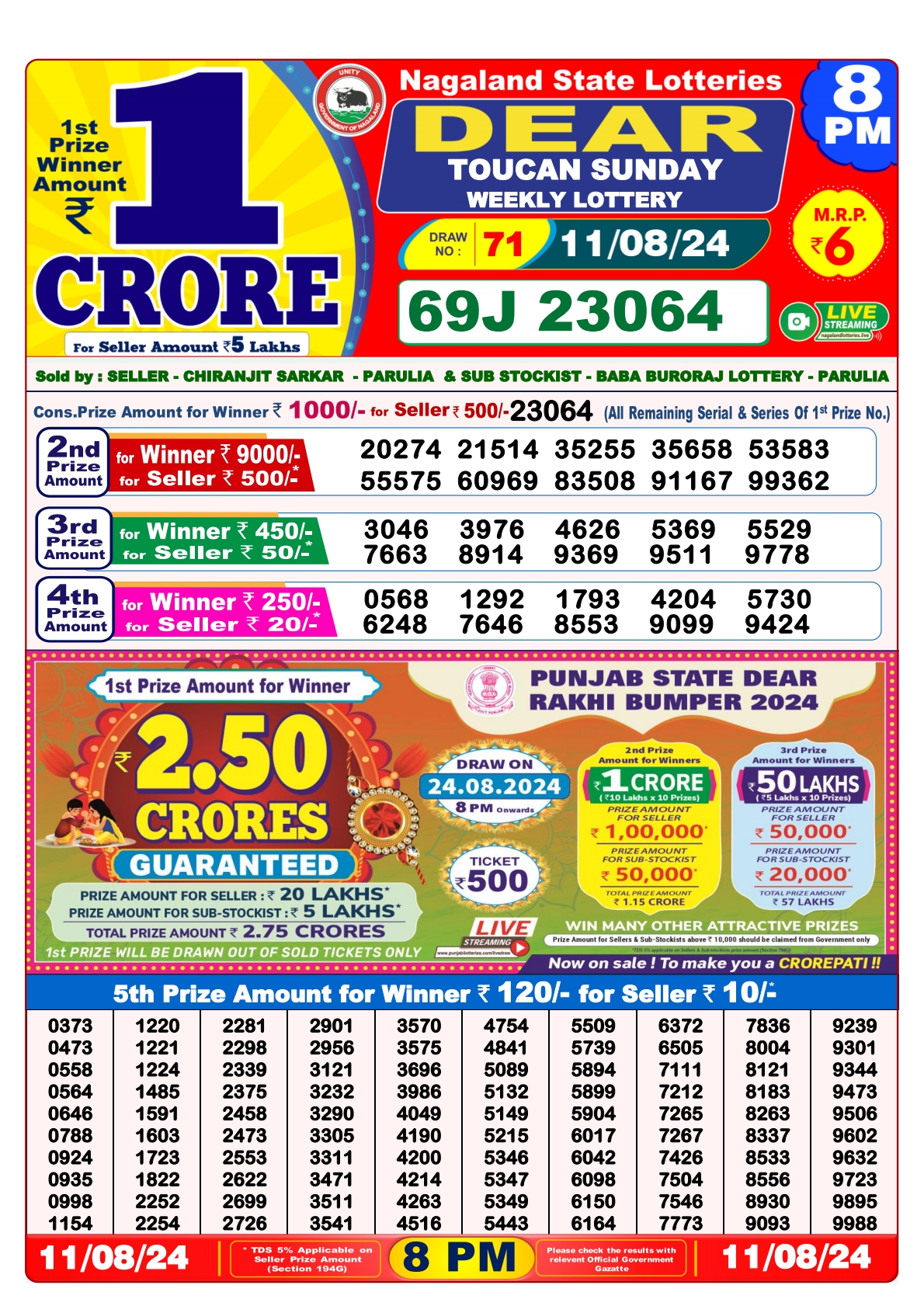 Dear  Lottery 8PM Result 11 aug 24