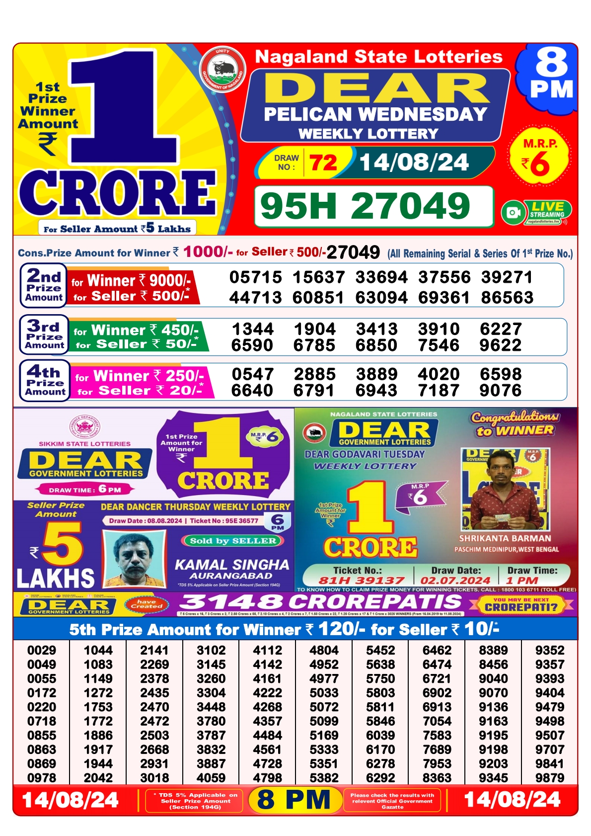 Dear  Lottery 8PM Result 14 aug 24