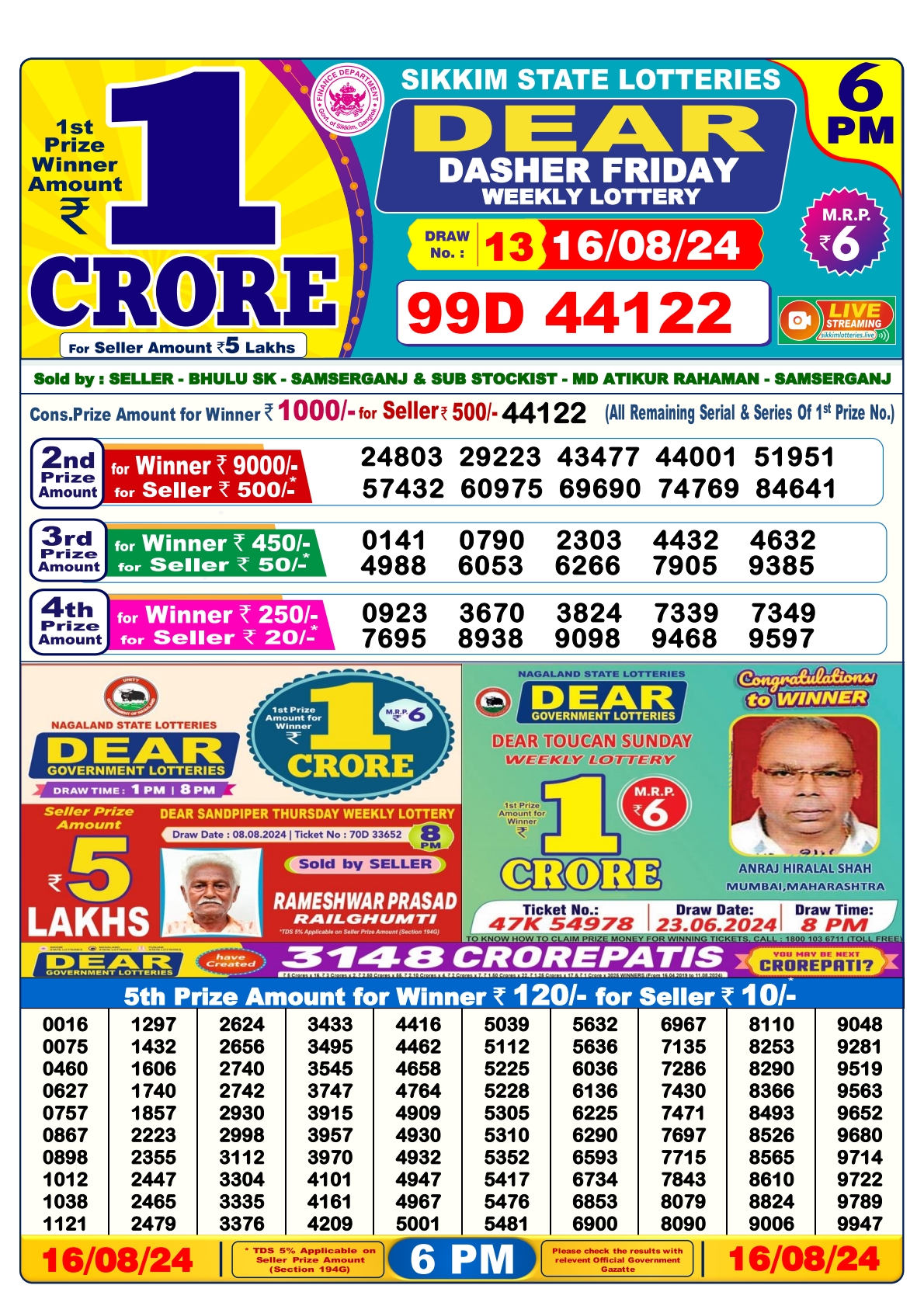 Dear lottery result 6pm result 16 Aug  24