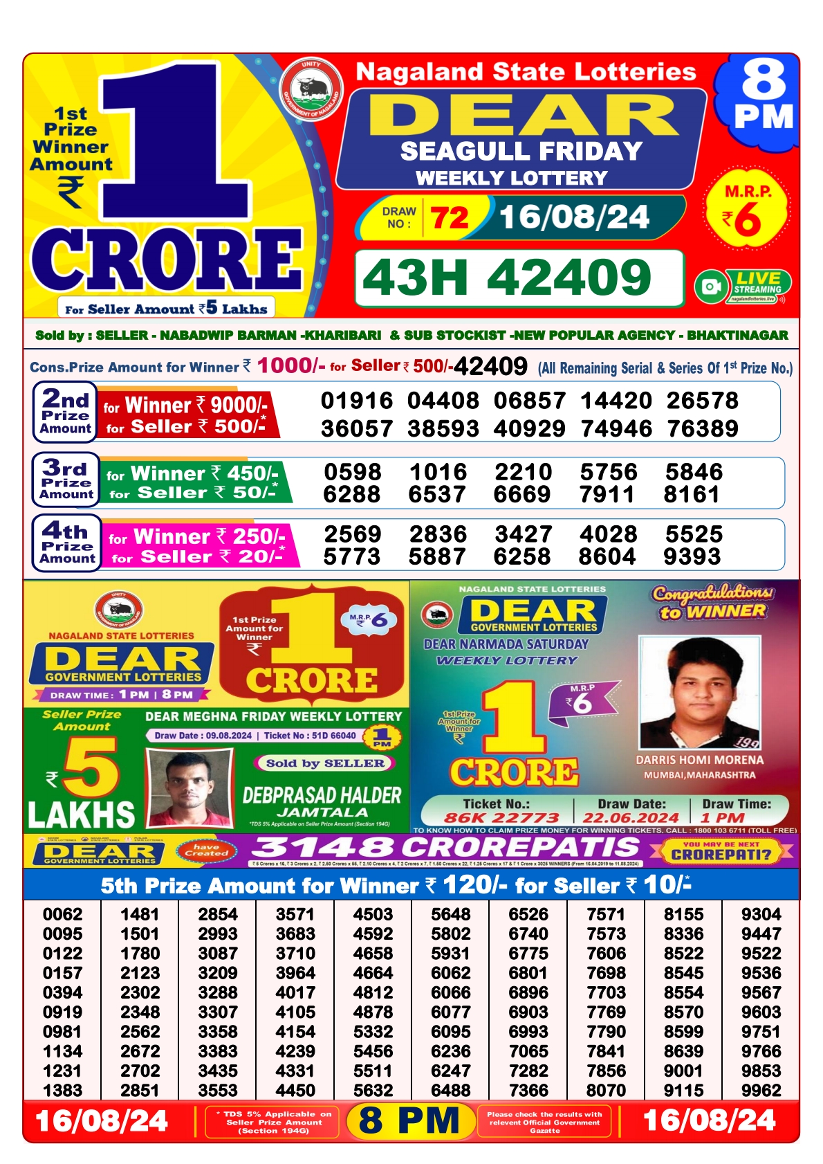 Dear  Lottery 8PM Result 16 aug 24