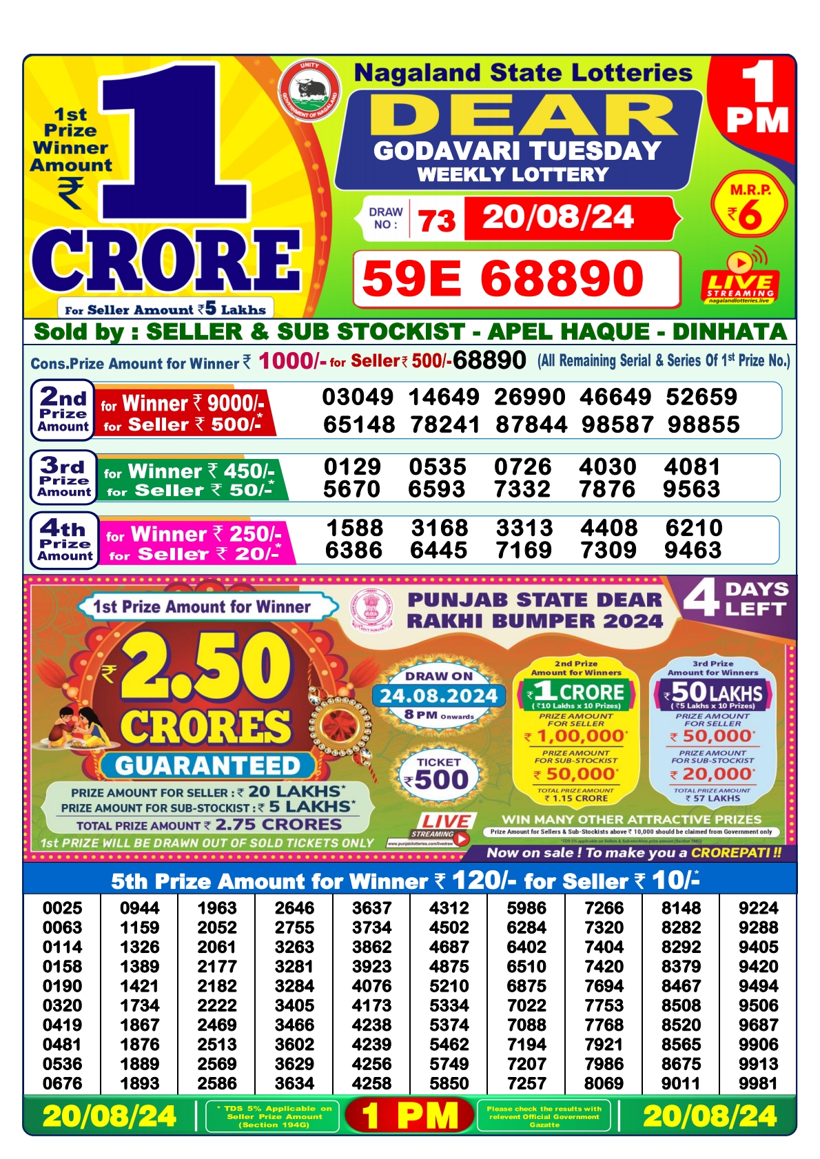 Dear  Lottery 1PM Result 20 Aug 24