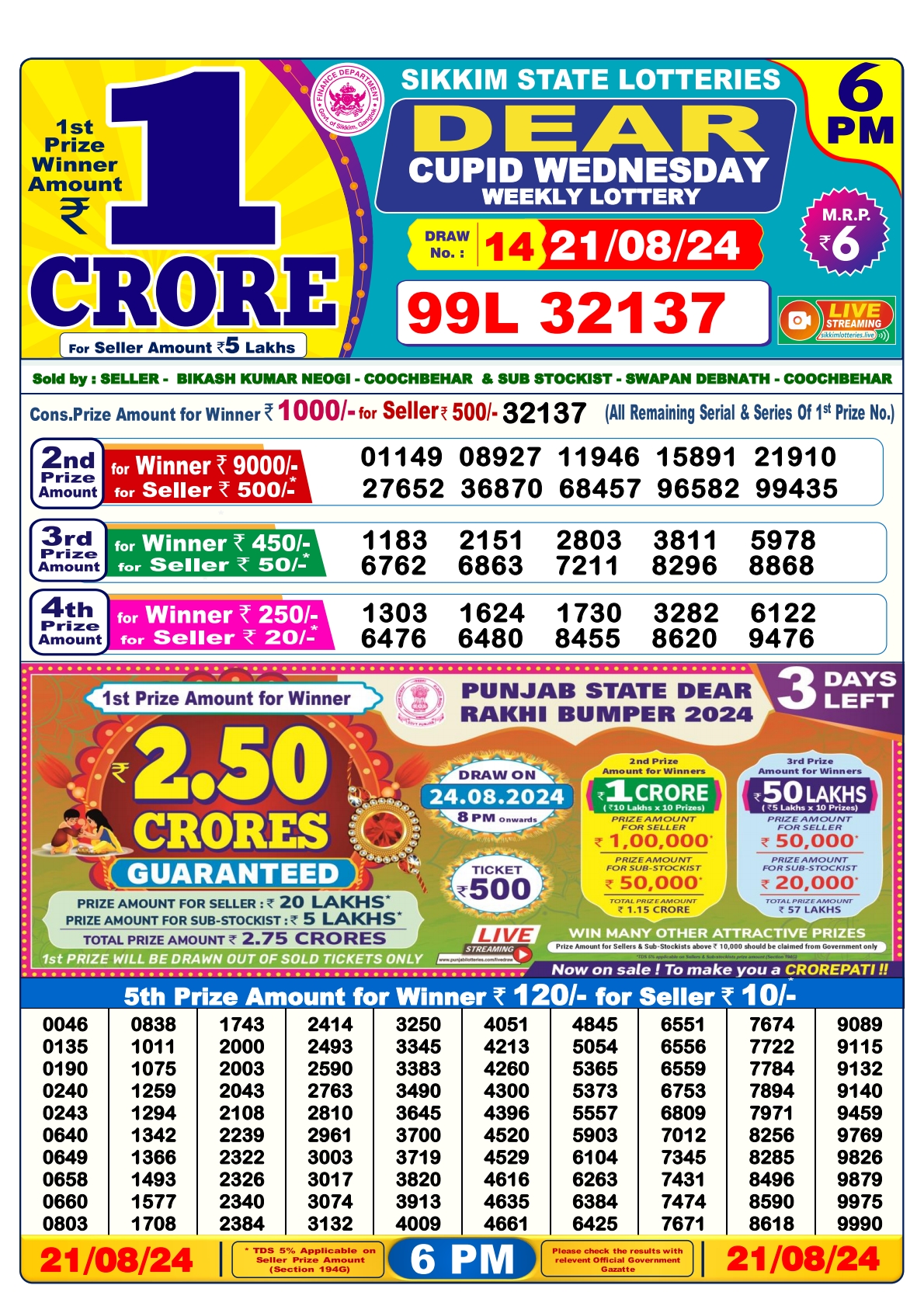 Dear lottery result 6pm result 21 Aug  24