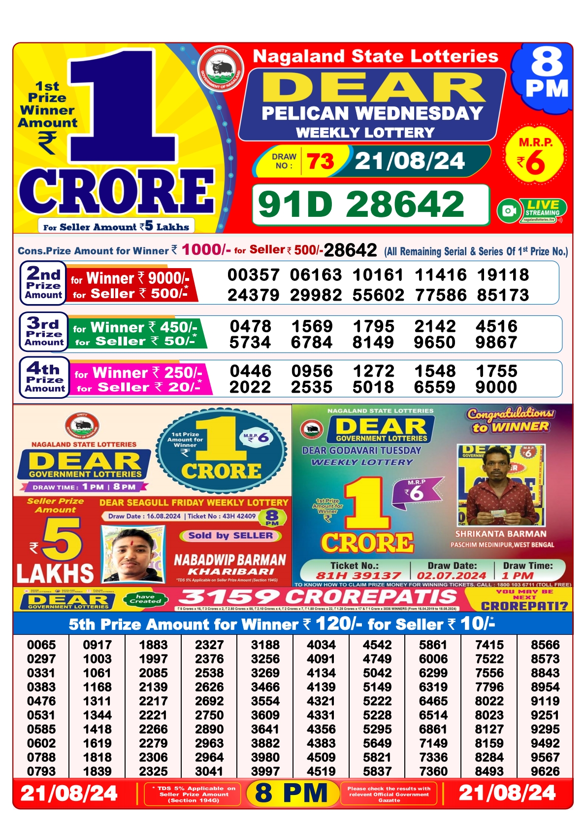 Dear  Lottery 8PM Result 21 aug 24