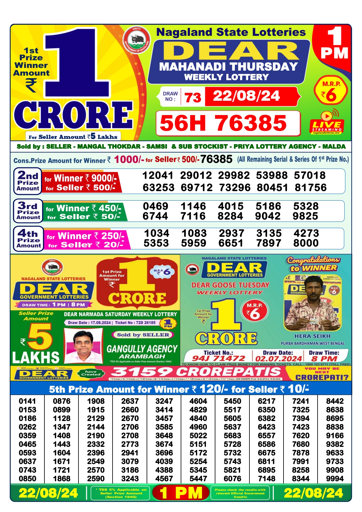 Dear  Lottery 1PM Result 22 Aug 24