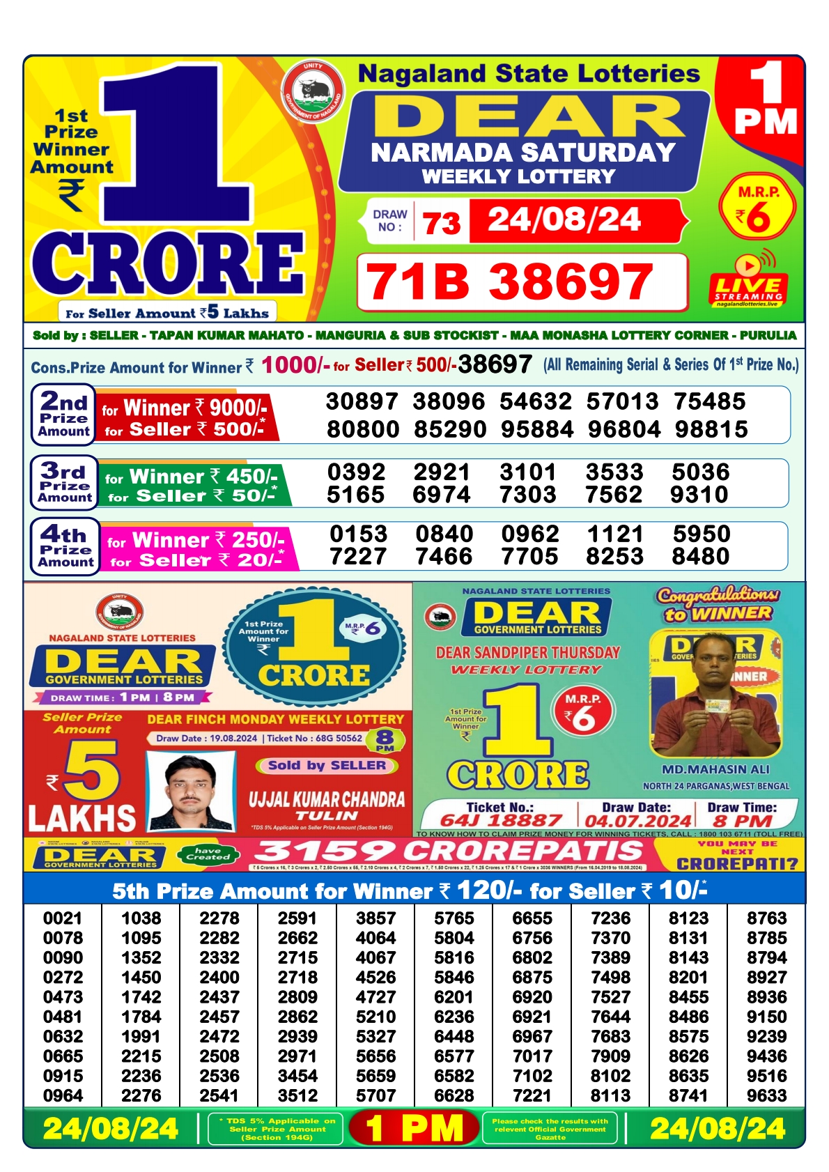 Dear  Lottery 1PM Result 24 Aug 24