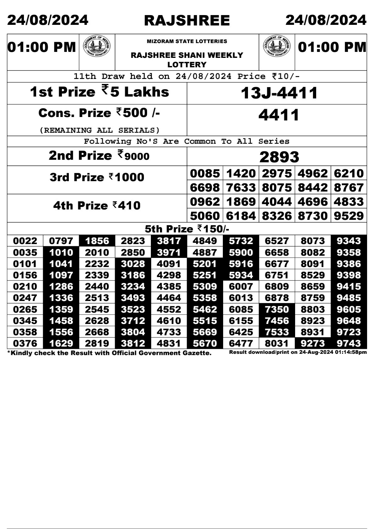 Rajshree  Daily Lottery 1PM Result 24 Aug 24