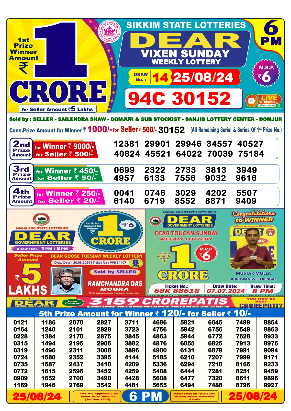 Dear lottery result 6pm result 25 Aug  24