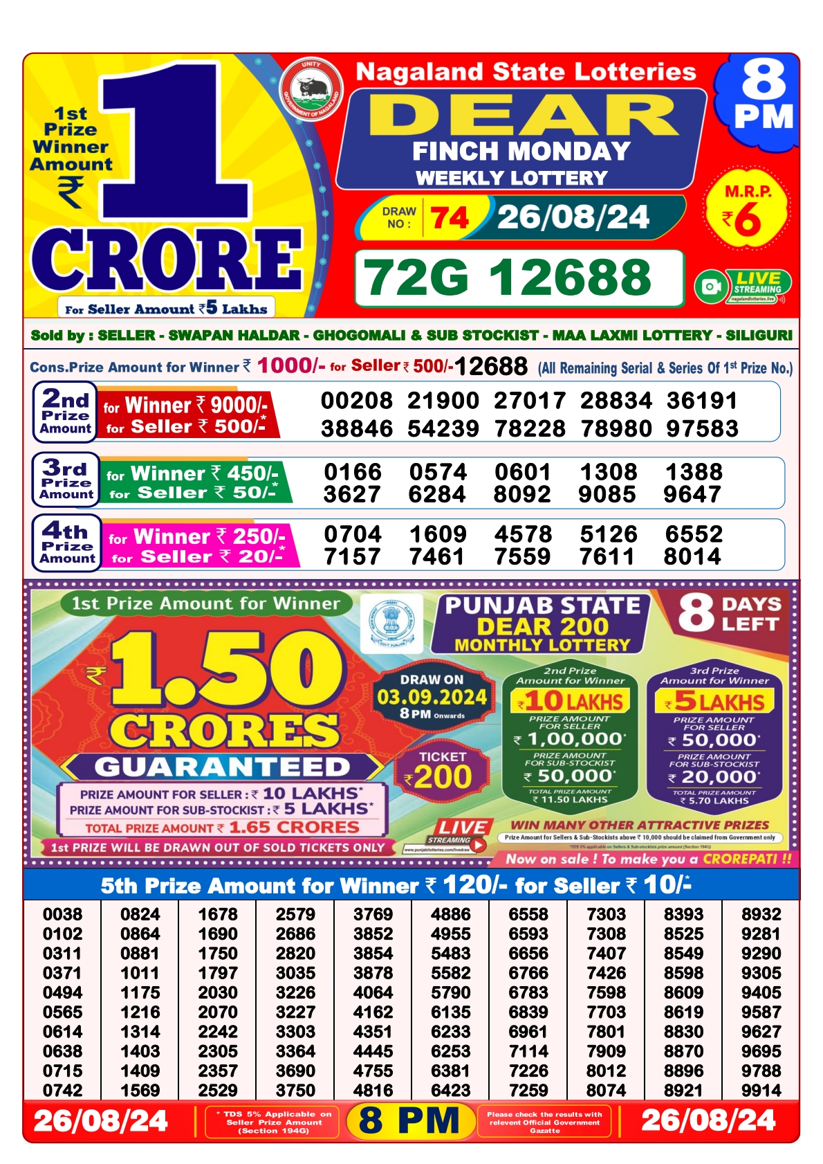 Dear Lottery 8PM Result 26 aug 24