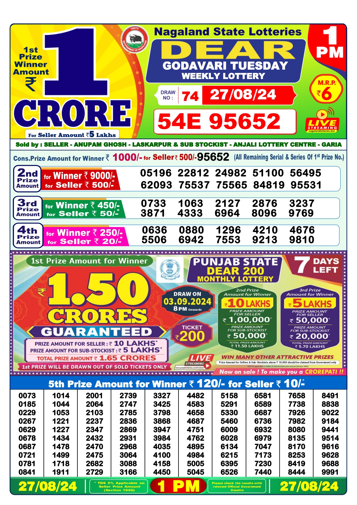 Dear  Lottery 1PM Result 27 Aug 24