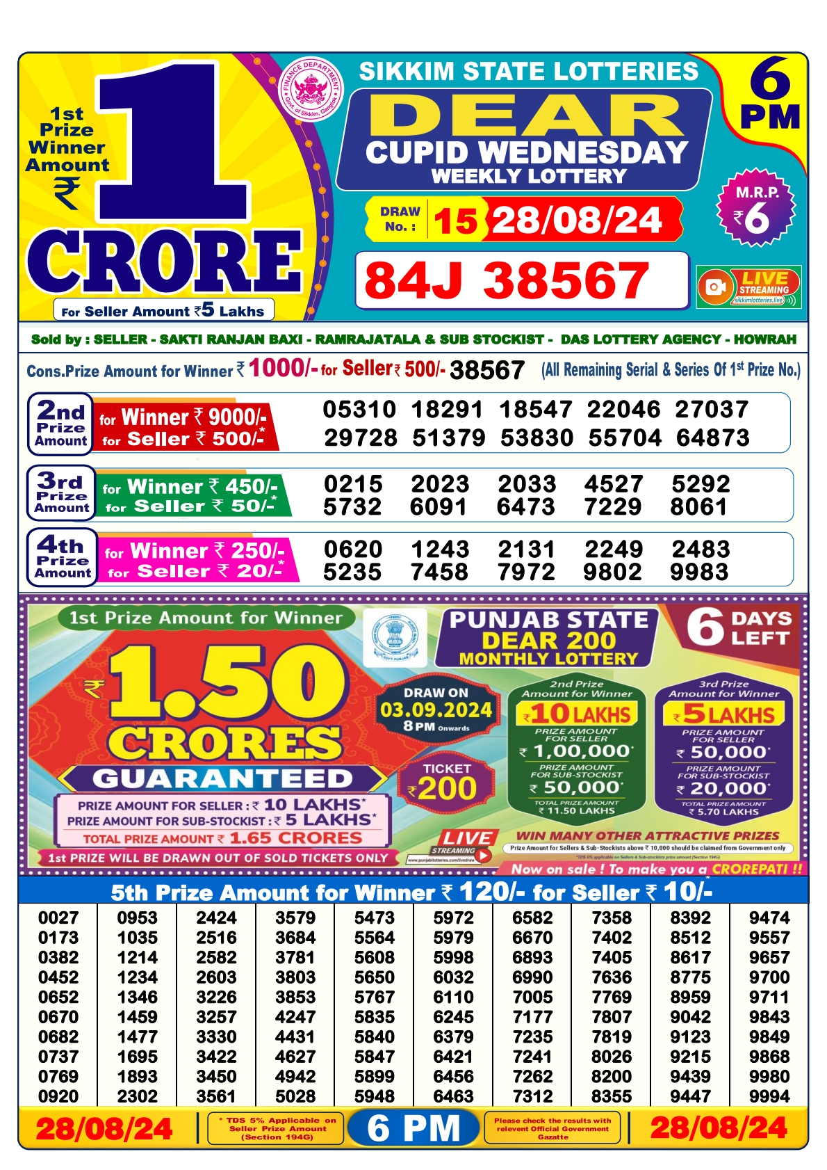 Dear lottery result 6pm result 28 Aug  24