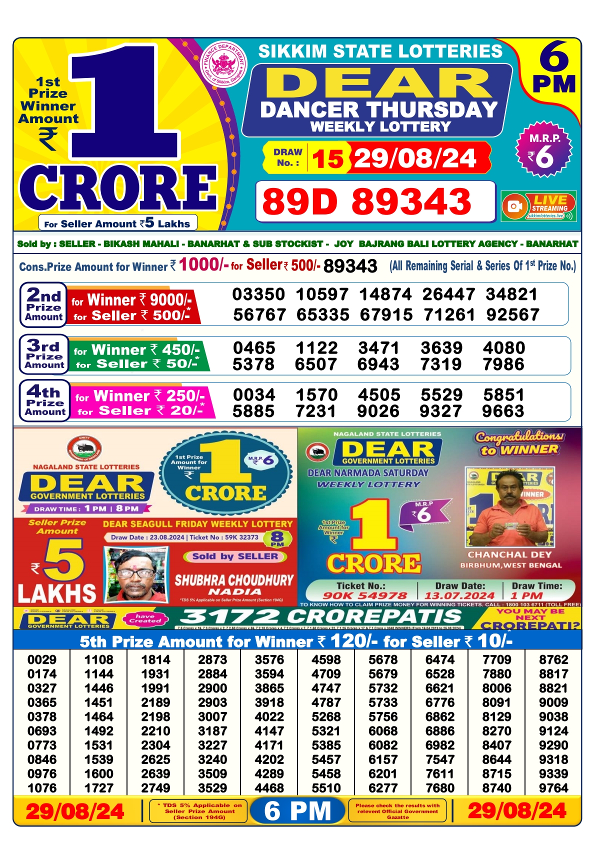 Dear lottery result 6pm result 29 Aug  24