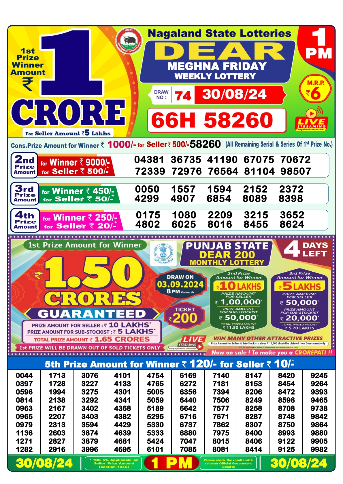 Dear  Lottery 1PM Result 30 Aug 24