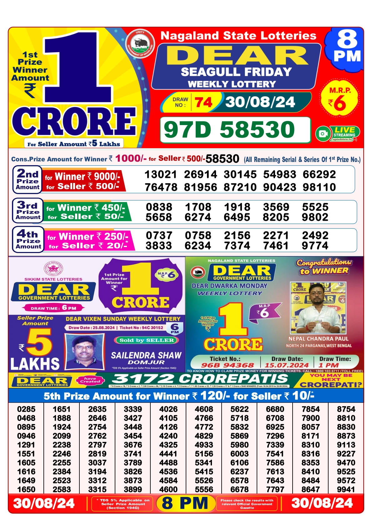 Dear Lottery 8PM Result 30 aug 24