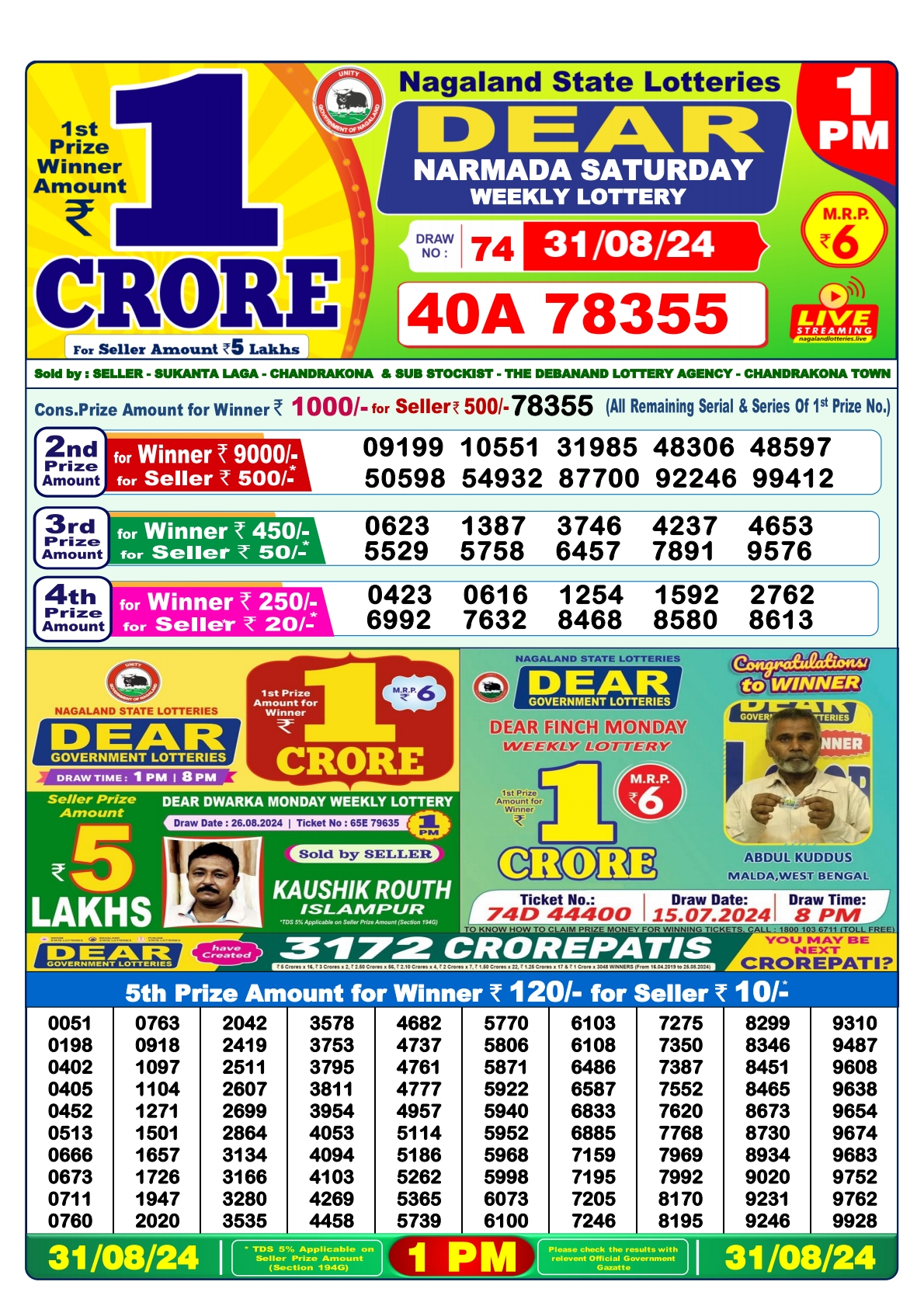 Dear  Lottery 1PM Result 31 Aug 24