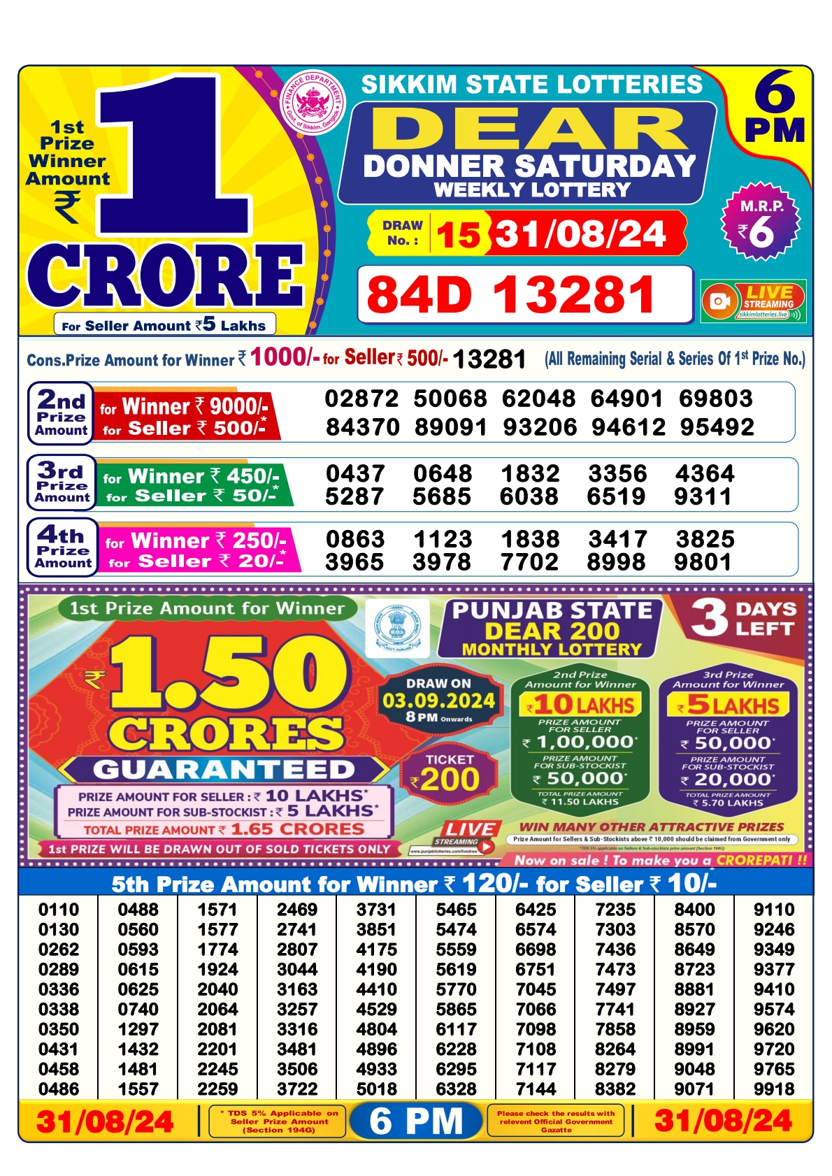 Dear lottery result 6pm result 31 Aug  24