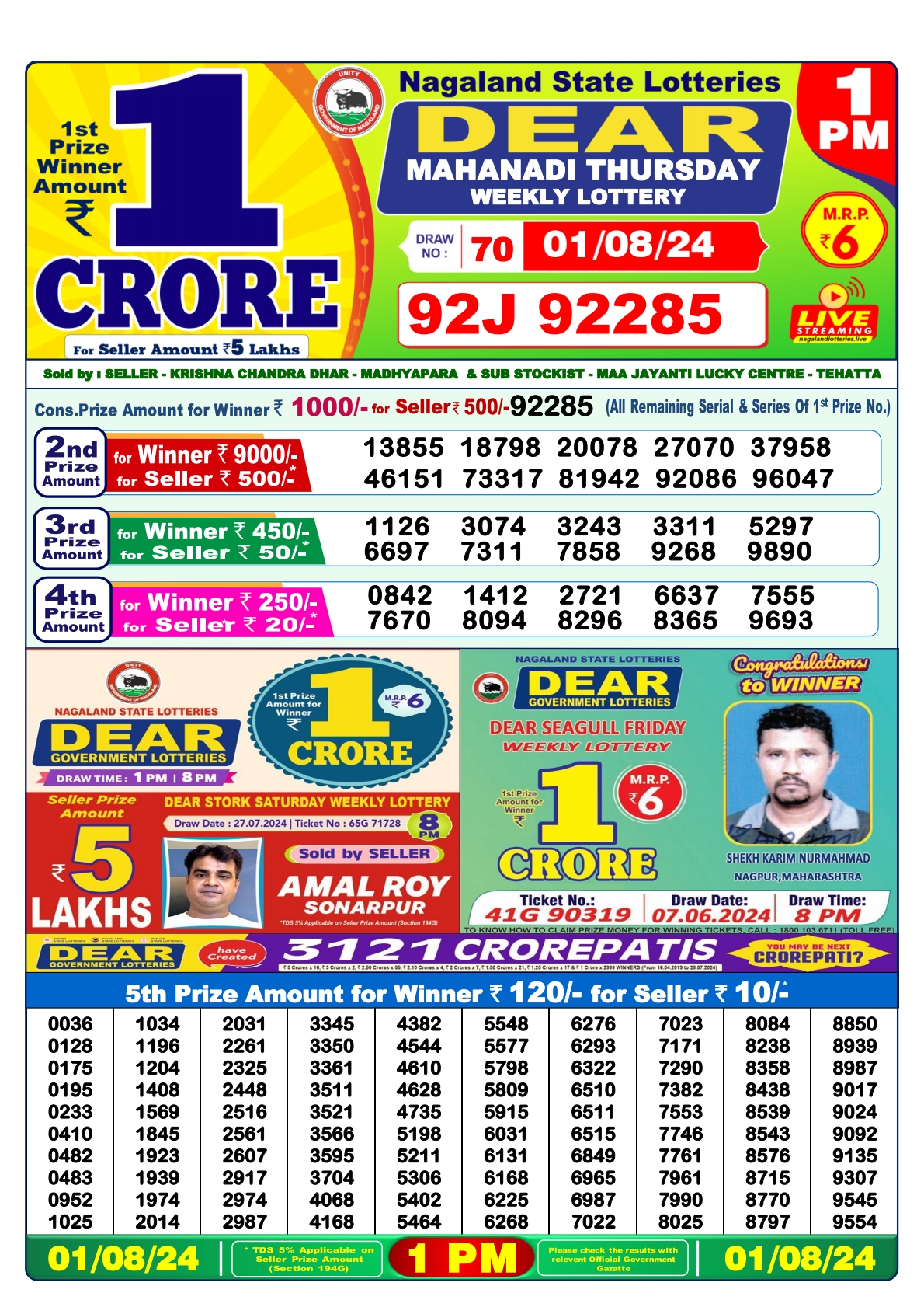 Dear  Lottery 1PM Result 1 Aug 24