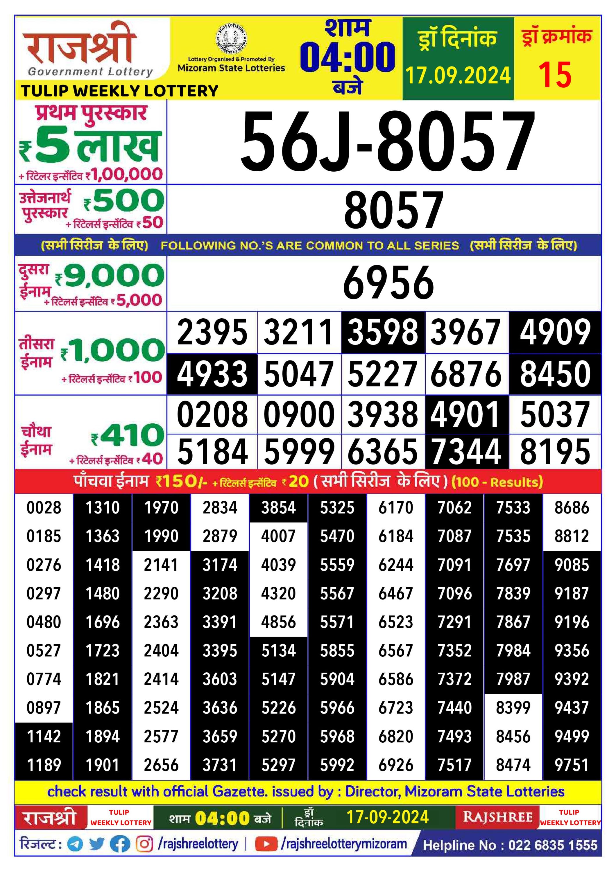 Rajshree  Daily Lottery 4PM Result 17 sept 24