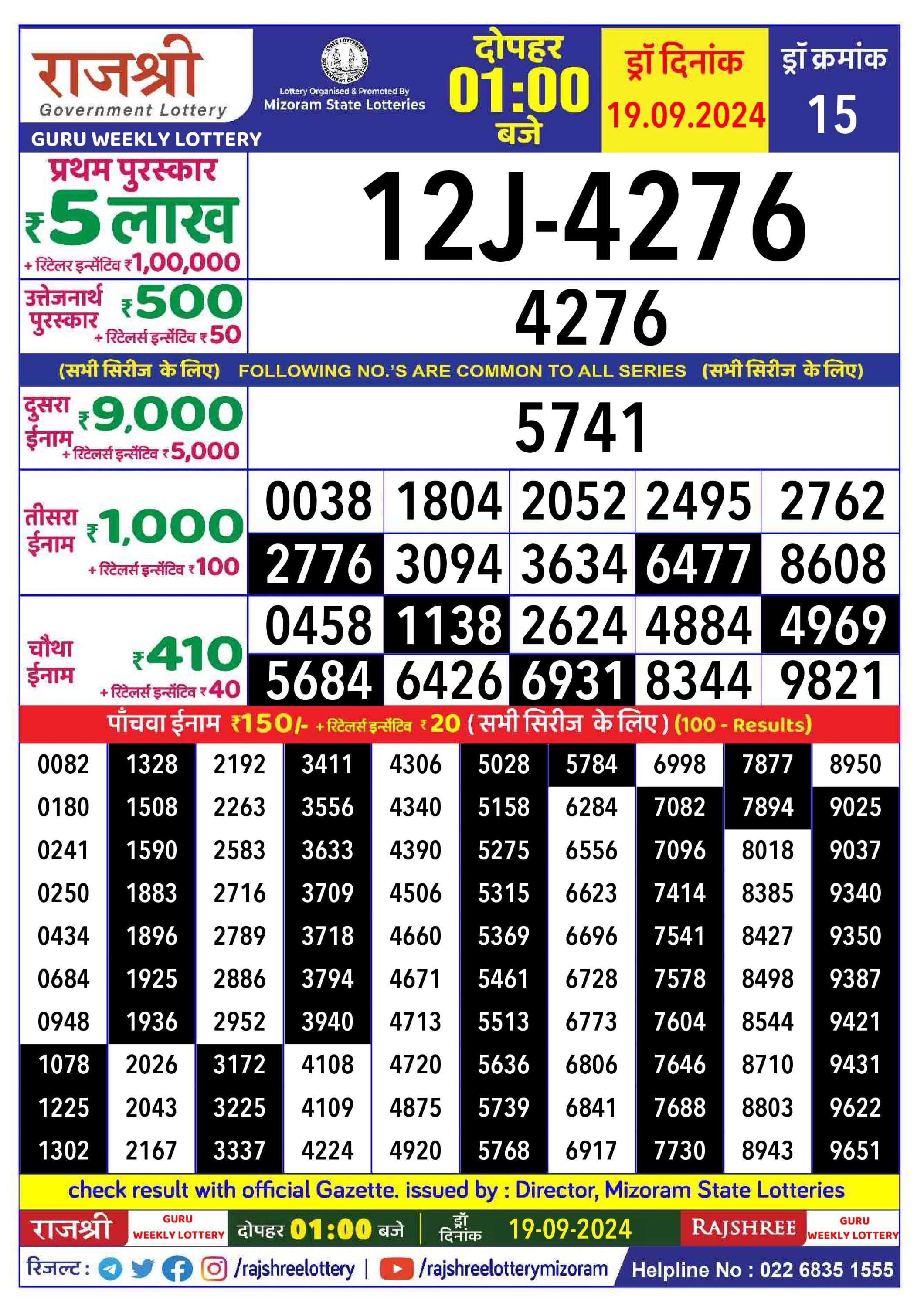 Rajshree  Daily Lottery 1PM Result 19 sept 24