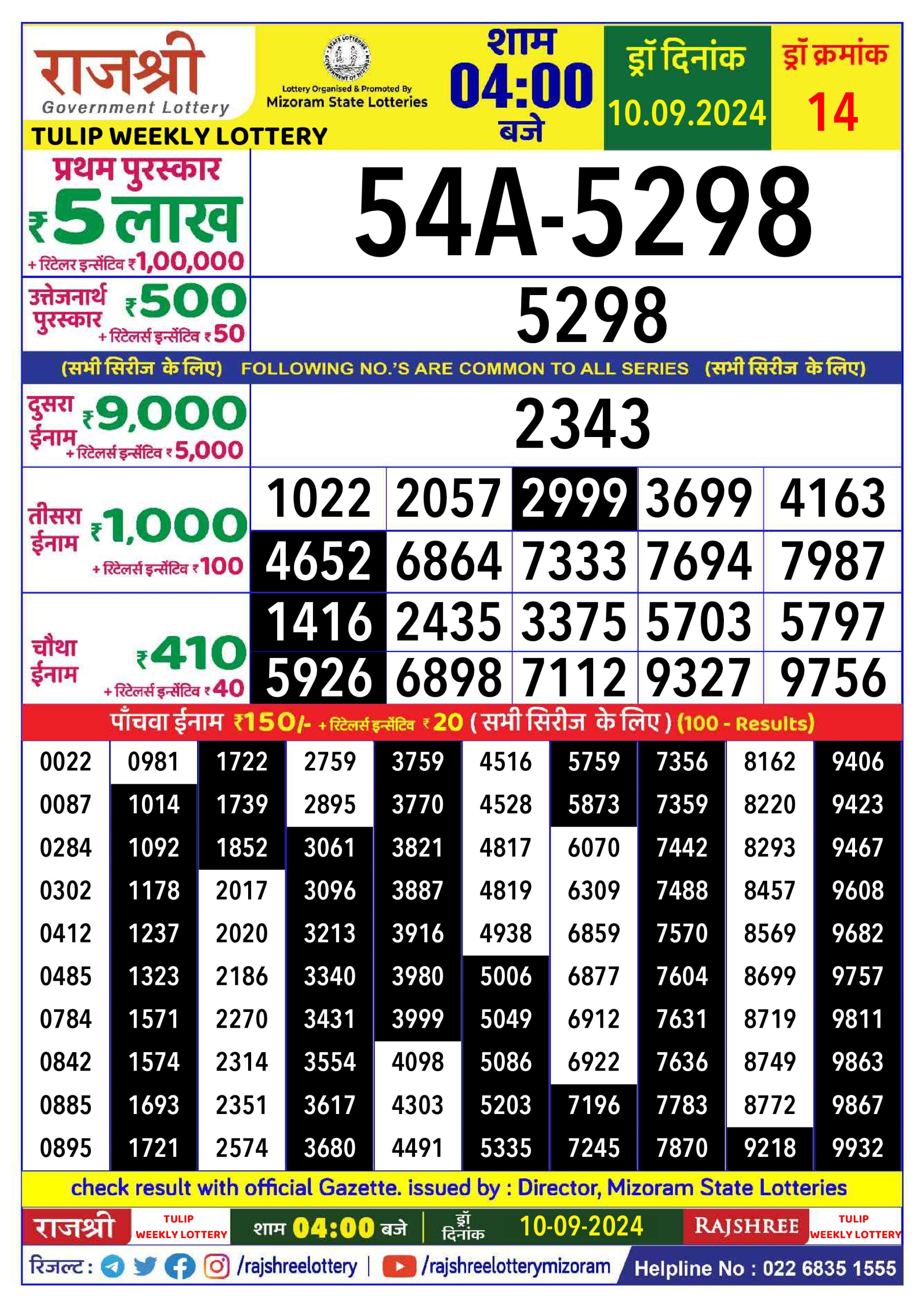 Rajshree  Daily Lottery 4PM Result 10 sept 24