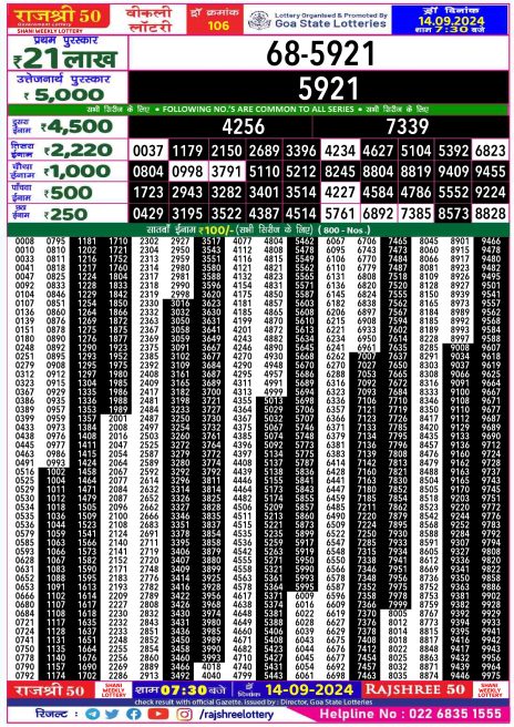 Rajshree 50 Lottery Result 7:30PM 14.09.24