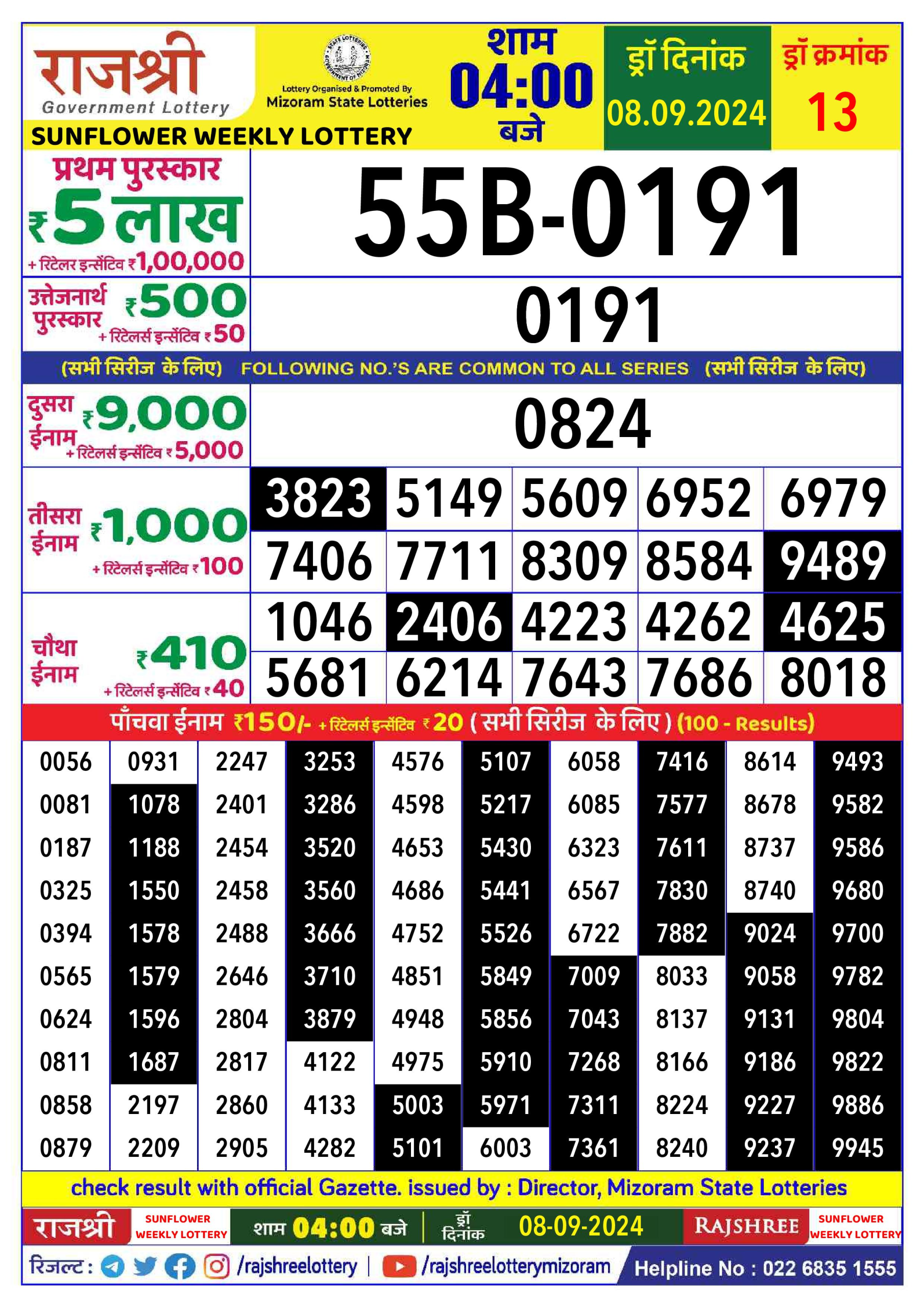 Rajshree  Daily Lottery 4PM Result 8 sept 24